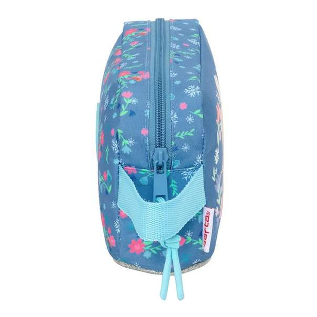 Blauer Federmäppchen mit Blumenmuster und Reißverschluss.