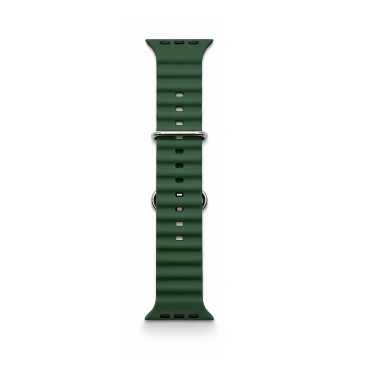 Ein dunkelgrünes, geripptes Uhrenarmband mit silbernen Schnallen, isoliert auf weißem Hintergrund.