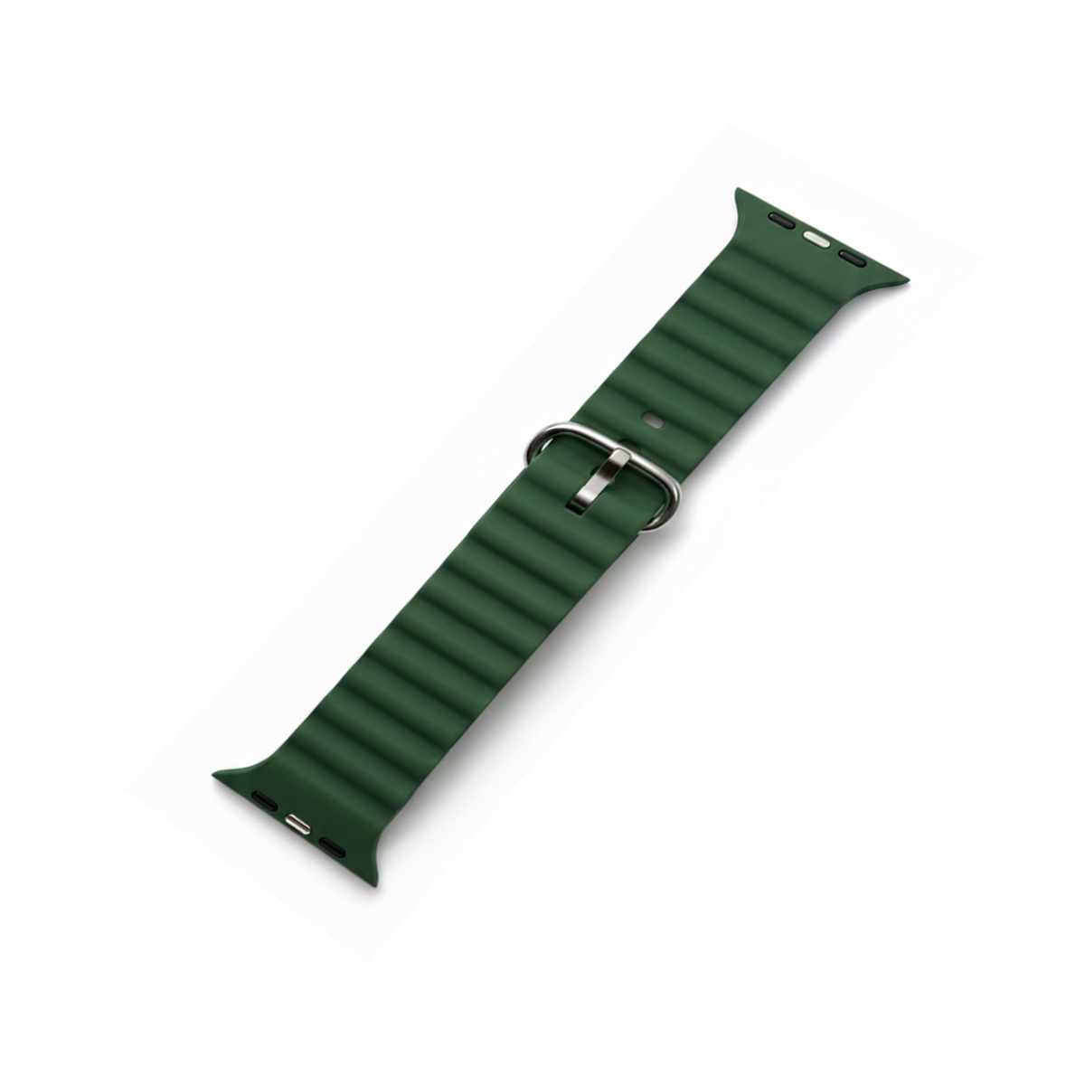 Dunkelgrünes, geripptes Uhrenarmband mit Metallschnalle, auf weißem Hintergrund.