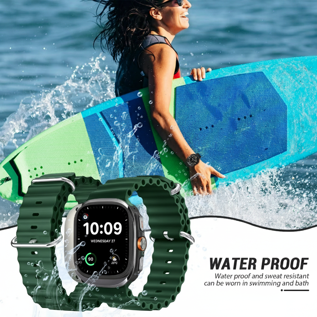 Eine Frau mit Surfbrett im Wasser; eine grüne Smartwatch im Vordergrund.