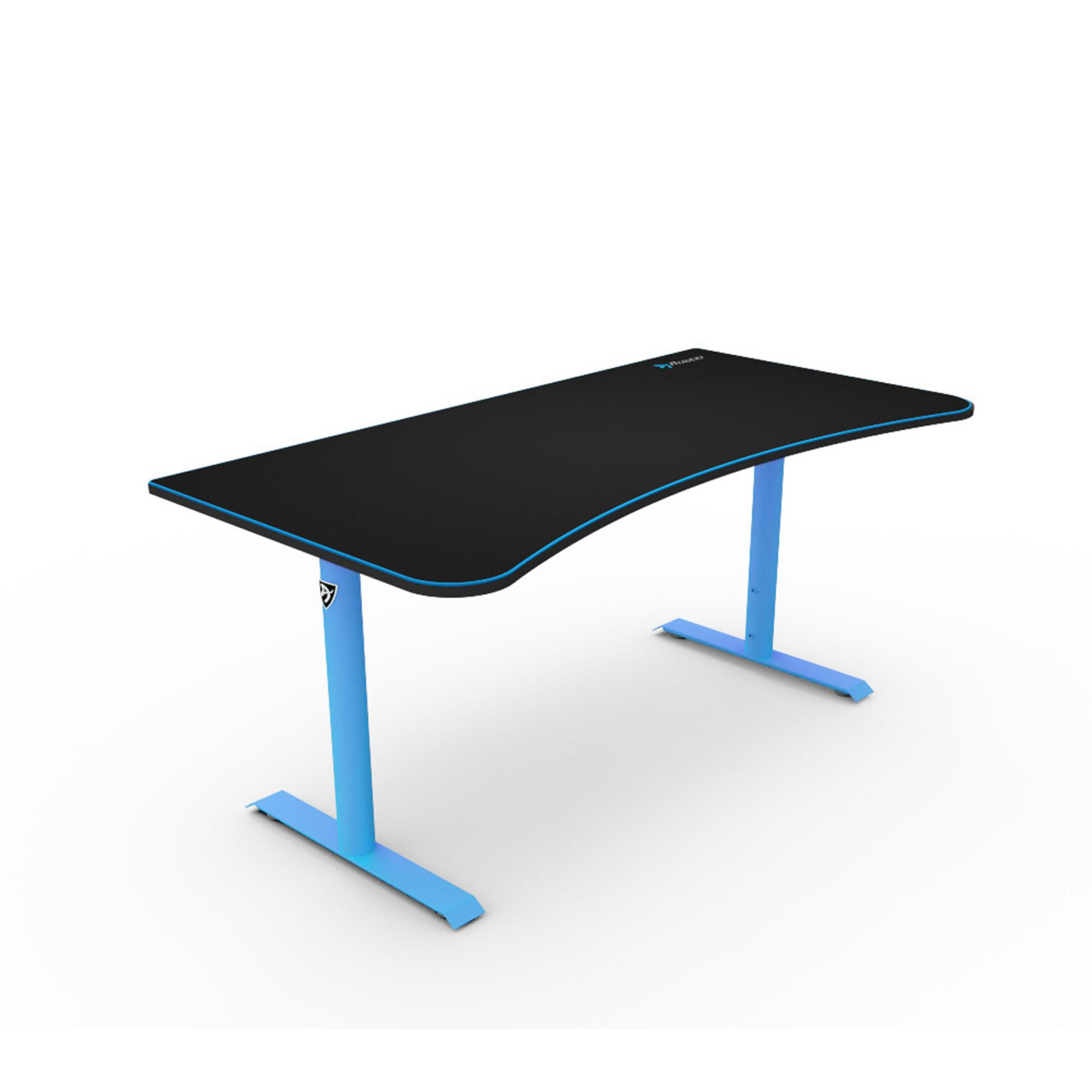Een zwart bureau met blauwe poten en een gebogen rand, op witte achtergrond.