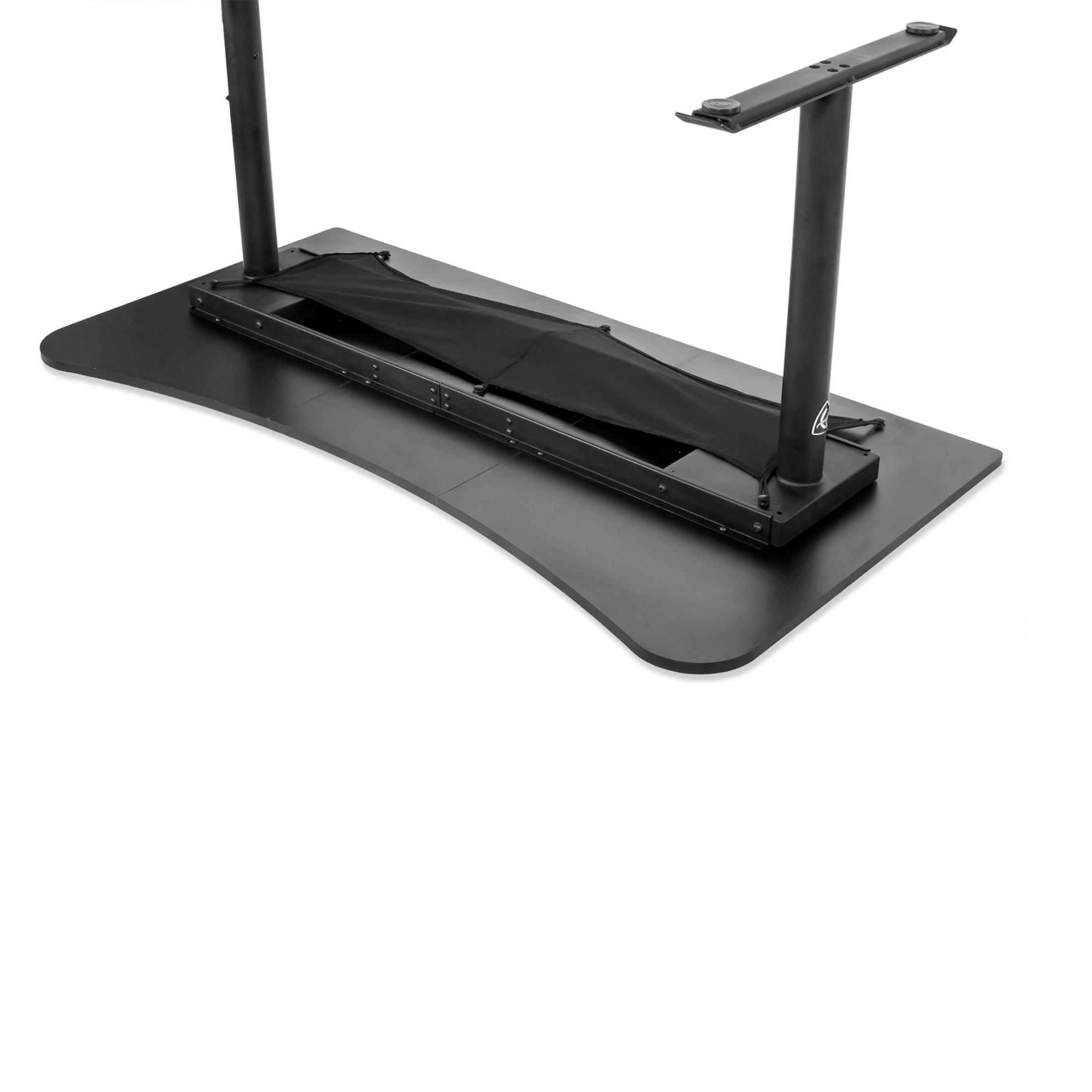Zwart in hoogte verstelbaar bureau met metalen frame en zwarte stoffen hoes.