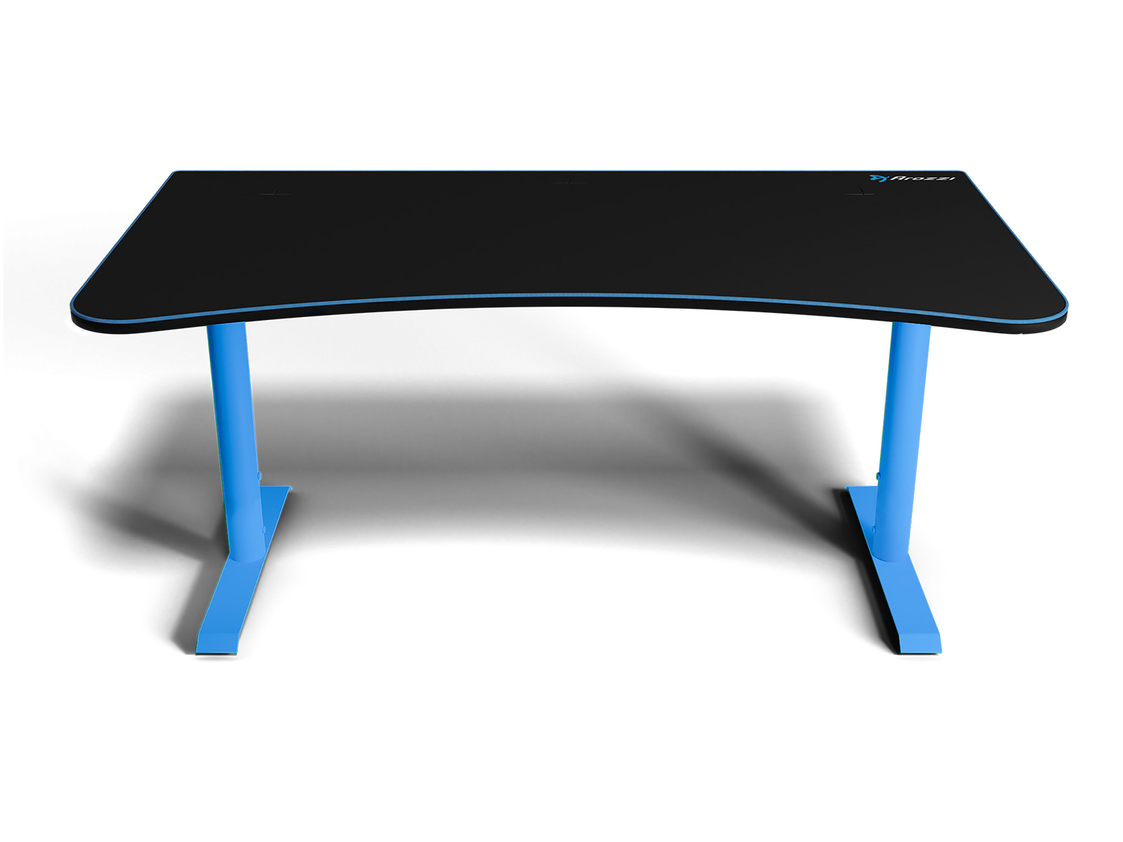 Een zwarte bureau met blauwe poten op een witte achtergrond.