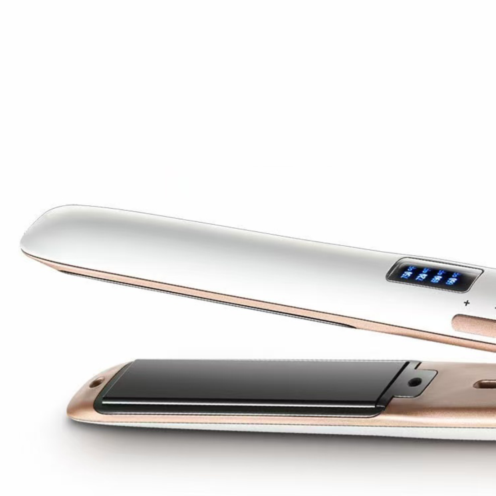 Una piastra per capelli bianca e dorata aperta con display digitale.