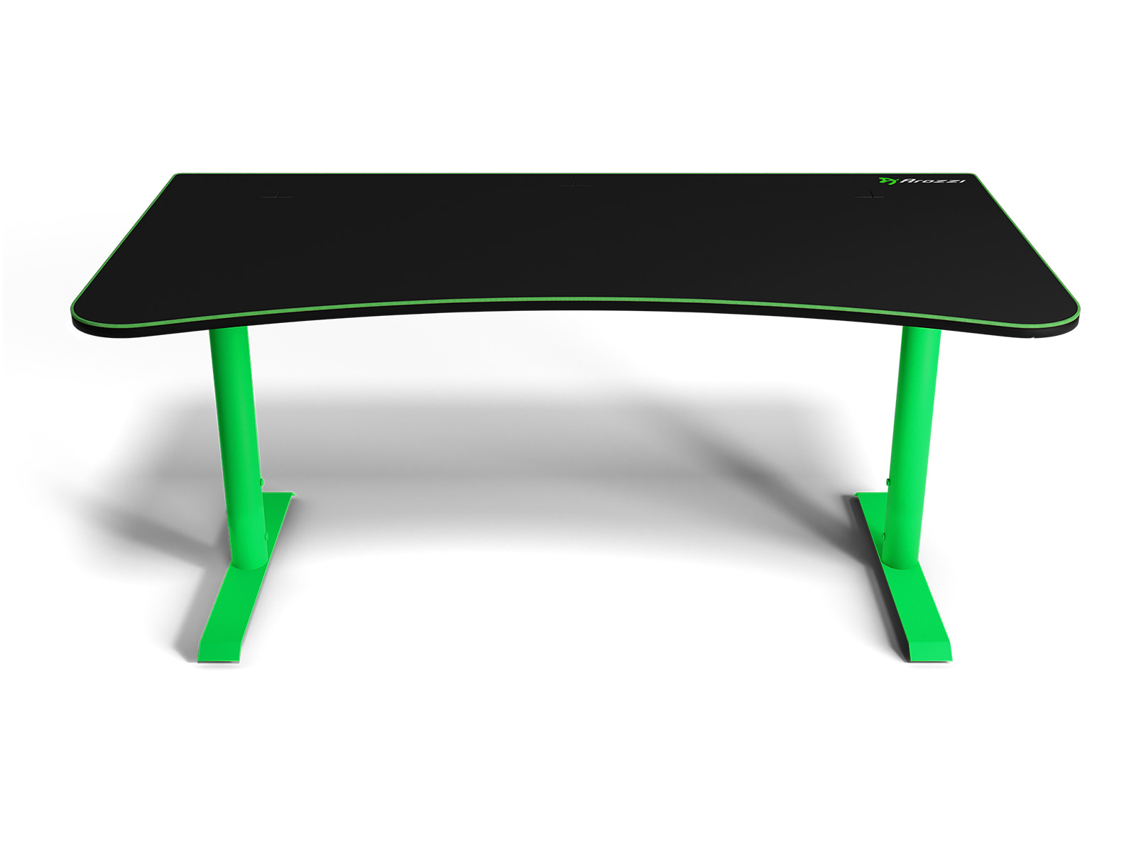 Scrivania gaming nera con gambe e bordo verde brillante. Bordo anteriore curvo. Logo Arozzi in alto a destra.