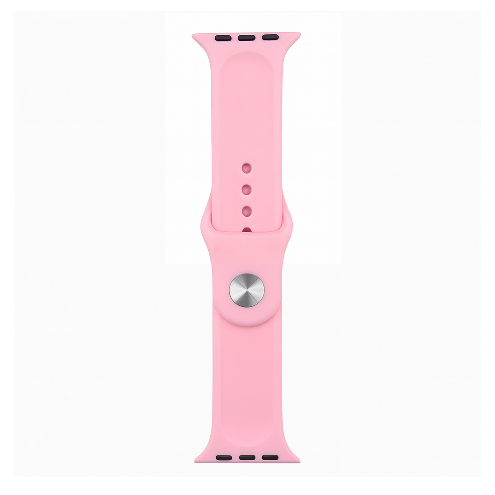 Ein hellrosa Apple Watch Armband mit silbernem Knopf und Löchern.