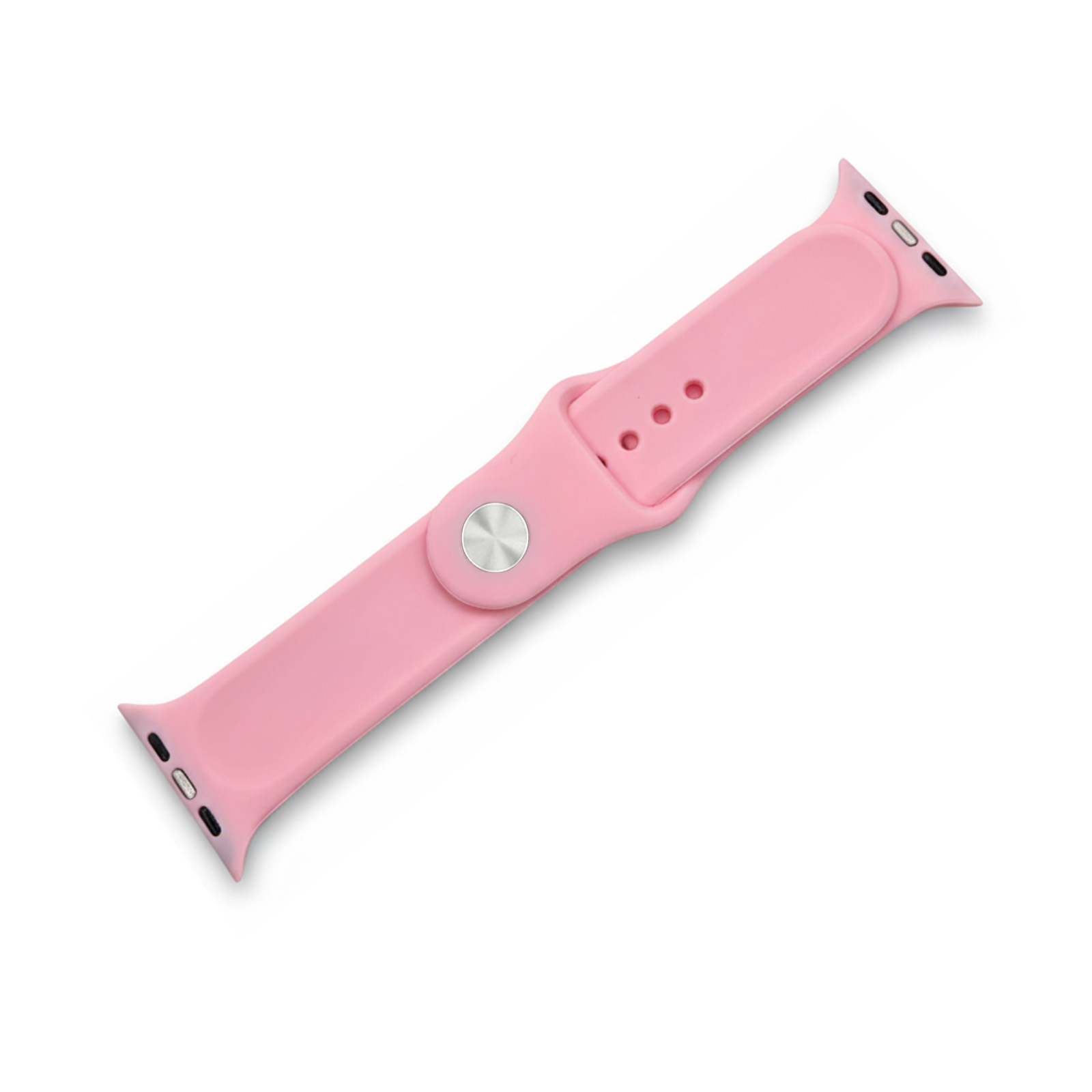 Ein rosa Uhrenarmband mit silbernem Knopf und Lochmuster.