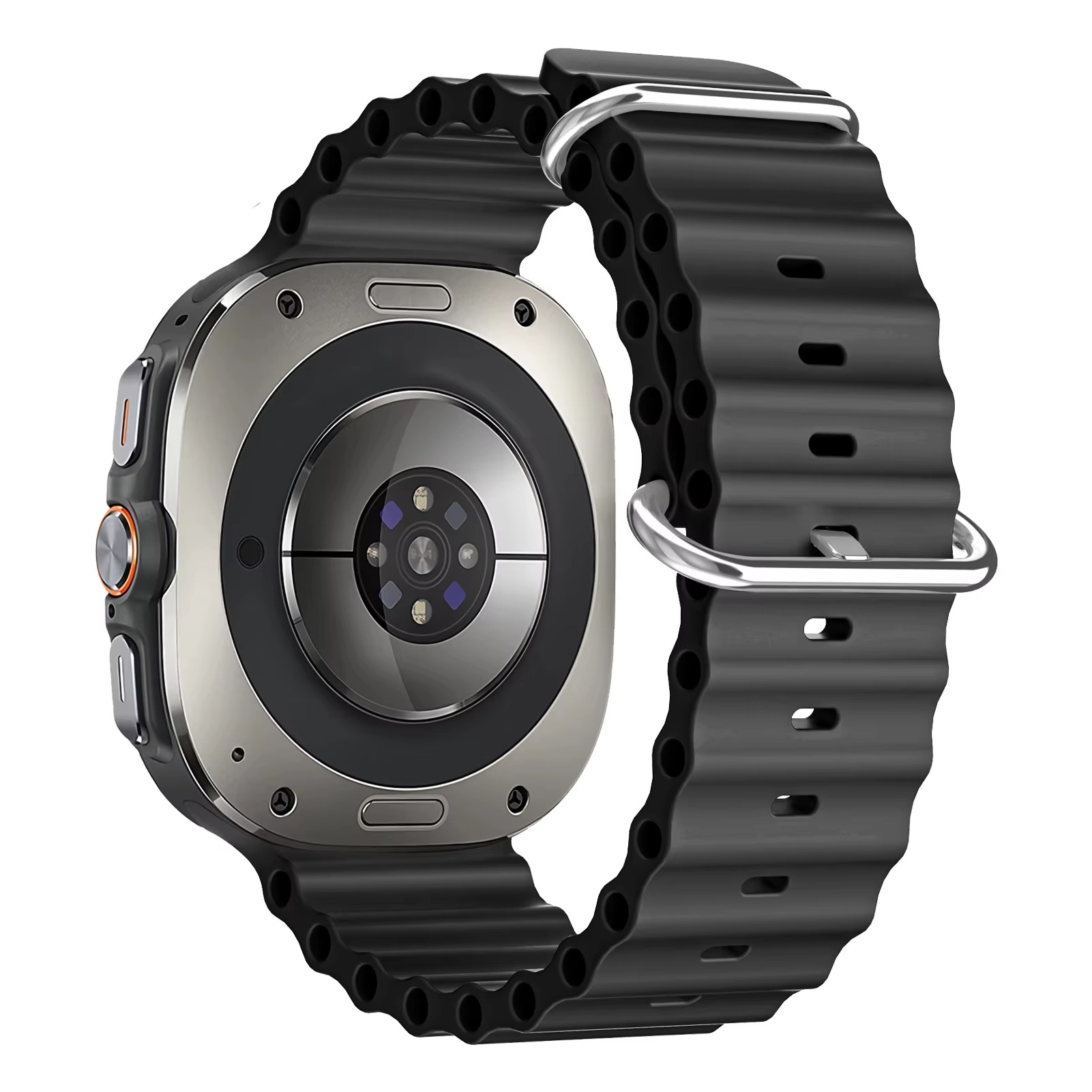 Rückseite einer Smartwatch mit schwarzem Armband und silbernem Gehäuse.