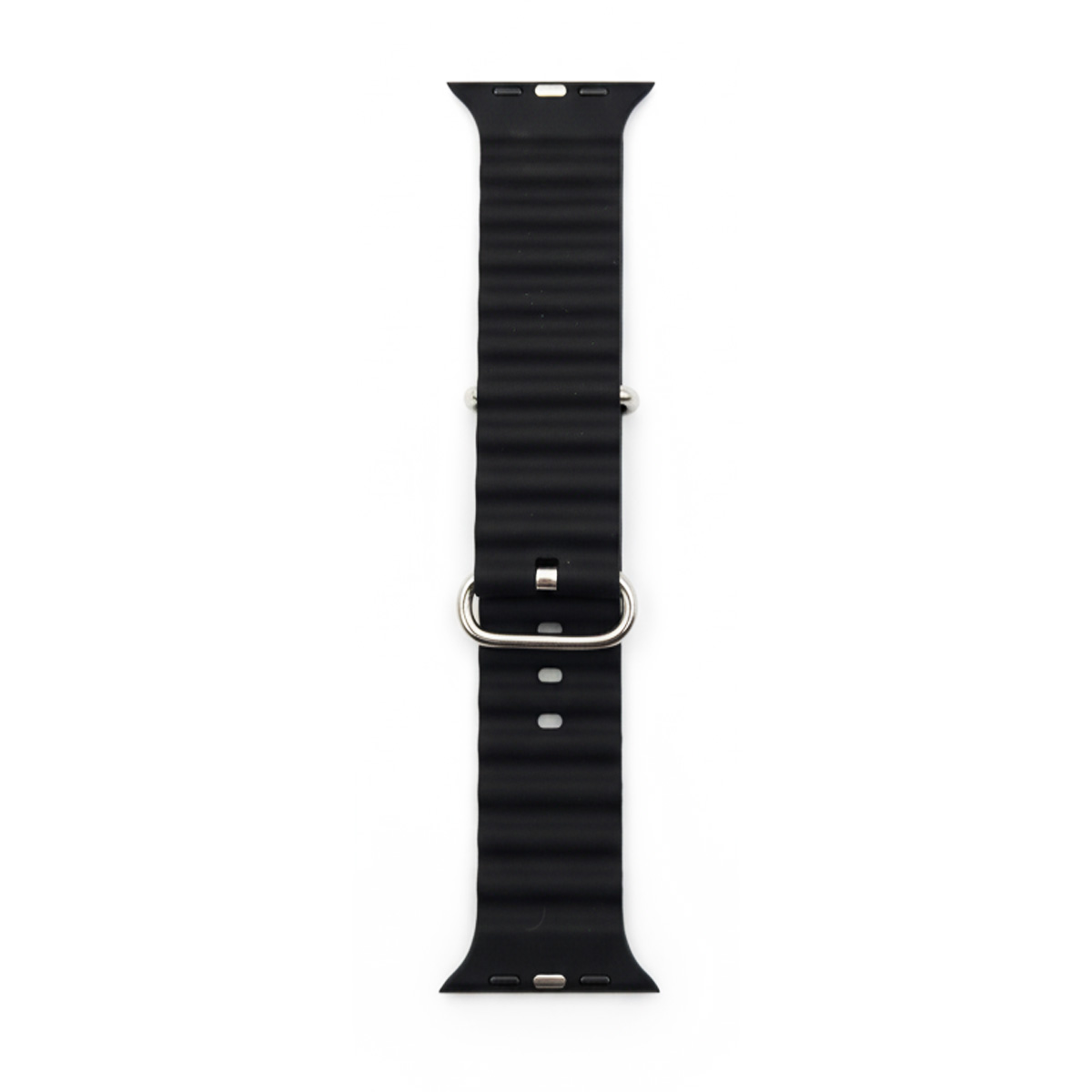 Schwarzes, geripptes Uhrenarmband mit Metallschnalle und Stiften.