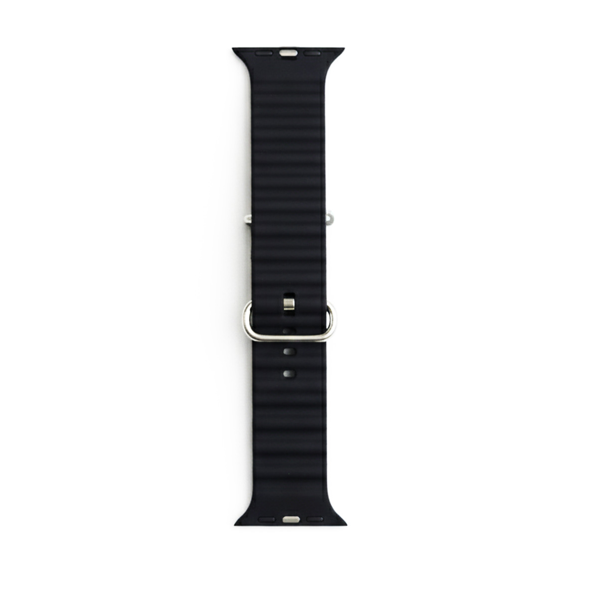 Schwarzes, geriffeltes Uhrenarmband mit Metallschnalle und Stiften.