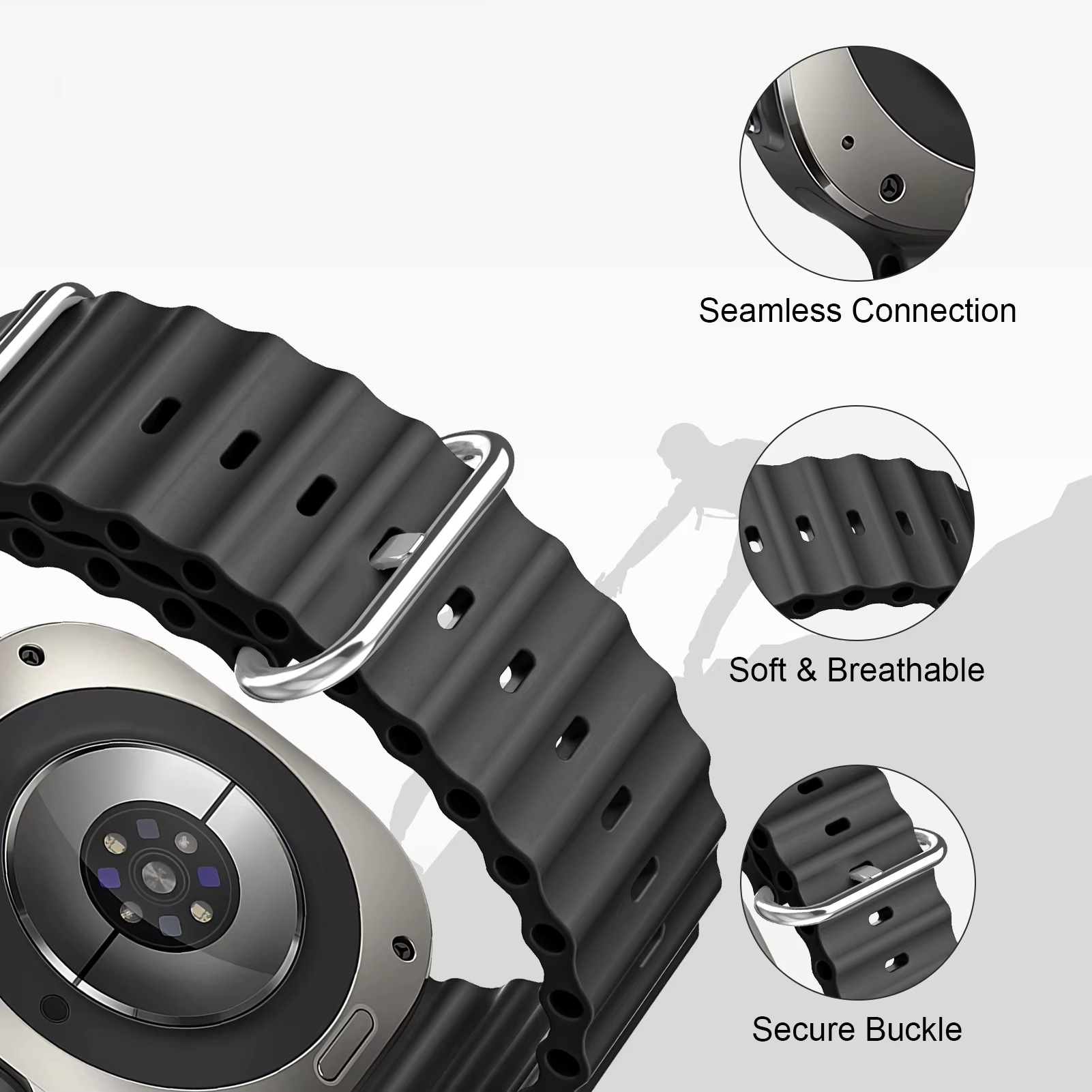 Nahaufnahme einer schwarzen Armbanduhr mit silbernen Beschlägen und Belüftungslöchern.