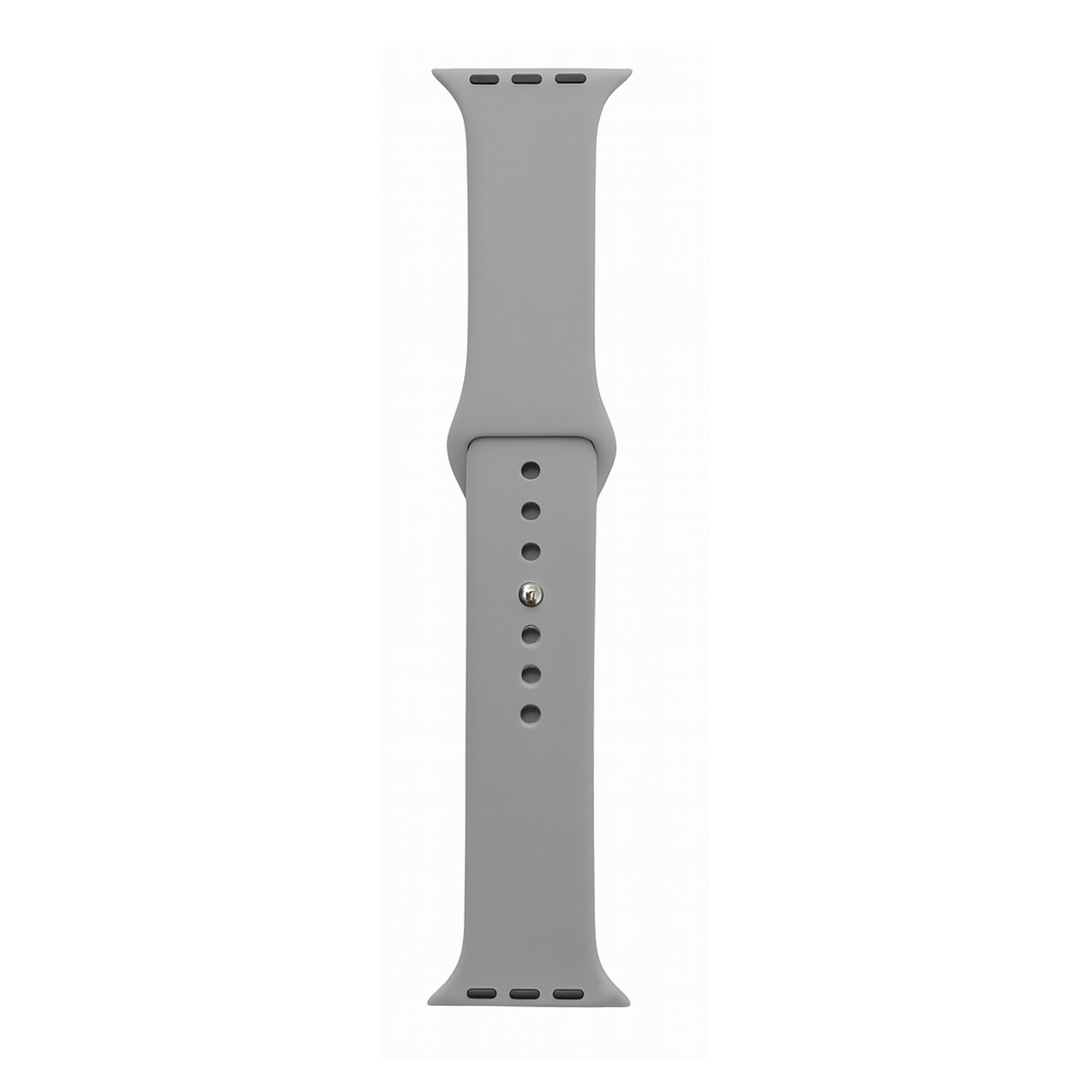 Ein graues, flexibles Uhrenarmband aus Silikon mit Druckknopfverschluss.