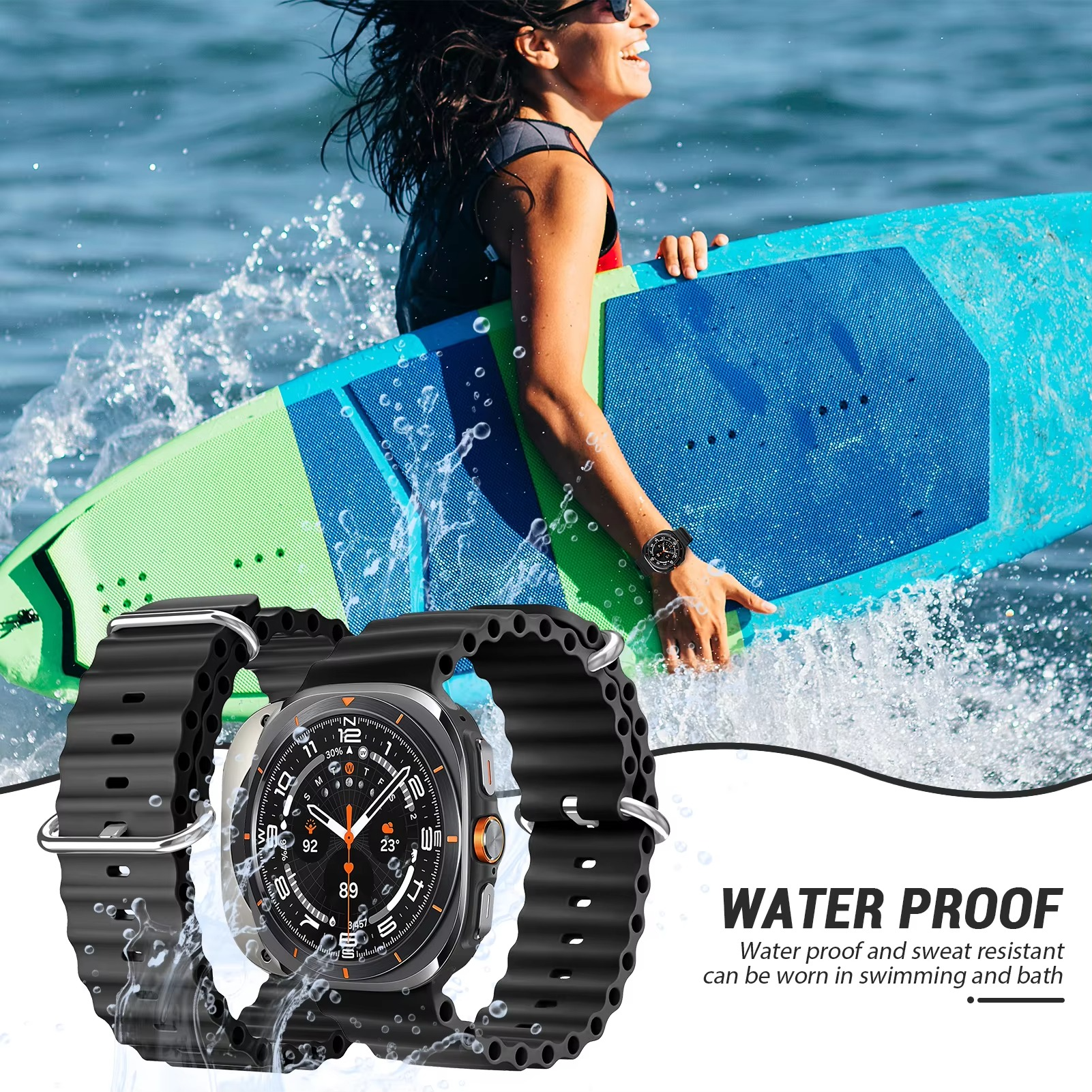 Eine Frau mit Surfbrett im Wasser, eine Smartwatch im Vordergrund.