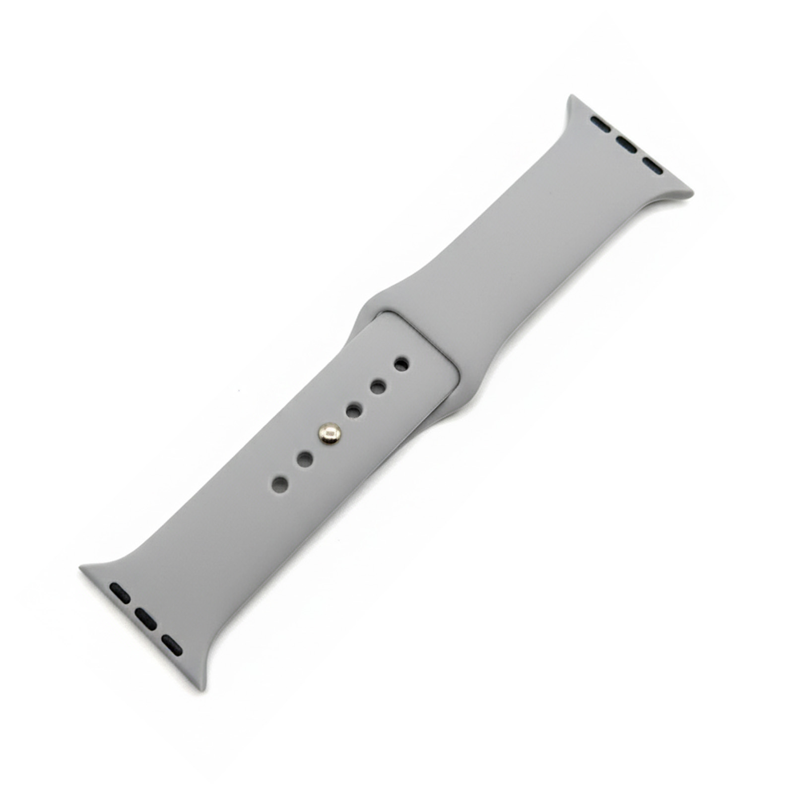 Graues Uhrenarmband aus Silikon mit kleinen Löchern und einem silbernen Stift auf weißem Hintergrund.
