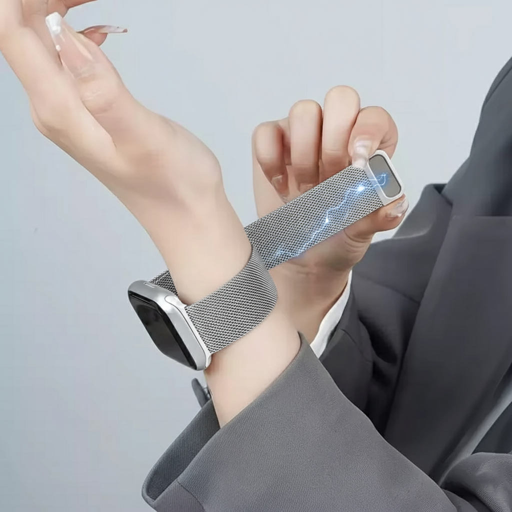 Eine Person trägt ein silbernes Mesh-Uhrenarmband an ihrem Handgelenk.