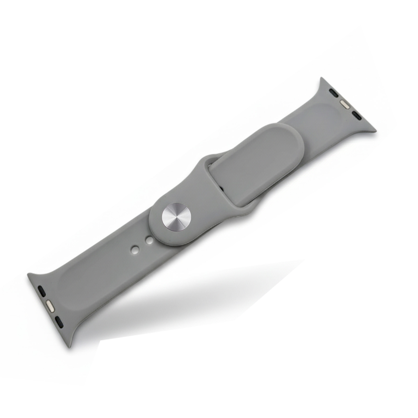 Graues Uhrenarmband mit Metallschnalle und zwei Löchern.