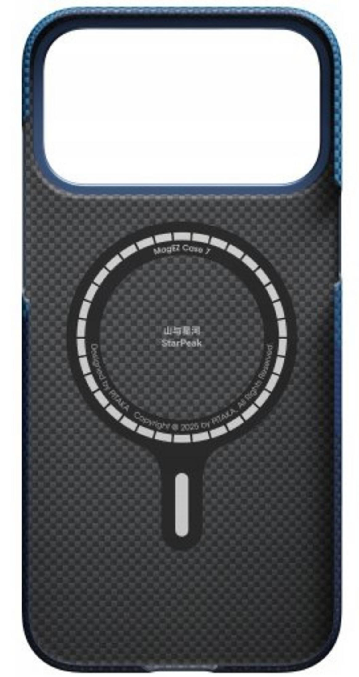 Custodia nera per telefono con bordo blu e cerchio MagSafe.