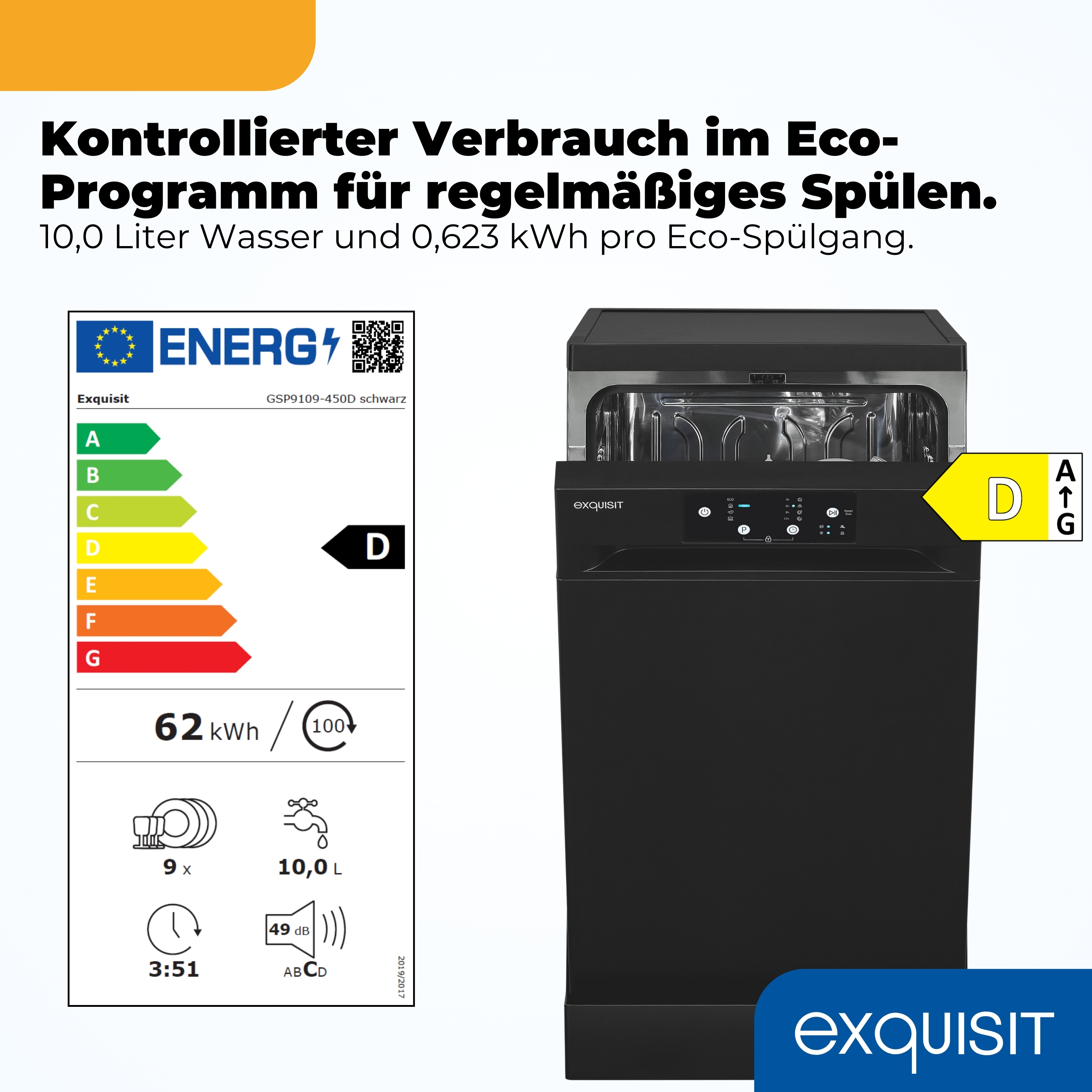 Schwarze Exquisit Spülmaschine mit Energieeffizienzlabel D. 10L Wasser/9x Geschirr.