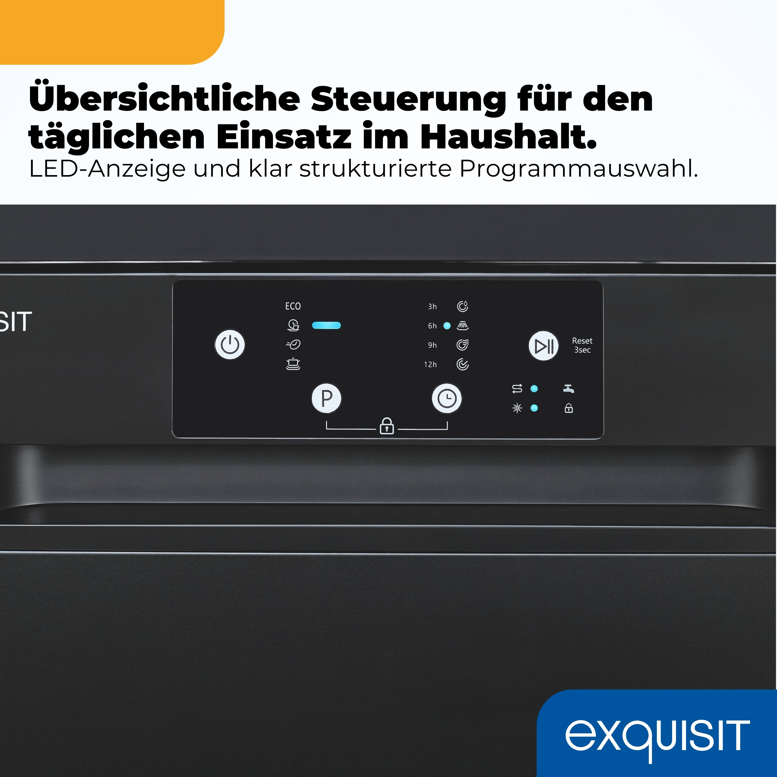 Geschirrspüler-Bedienfeld mit Programmen und LED-Anzeige.