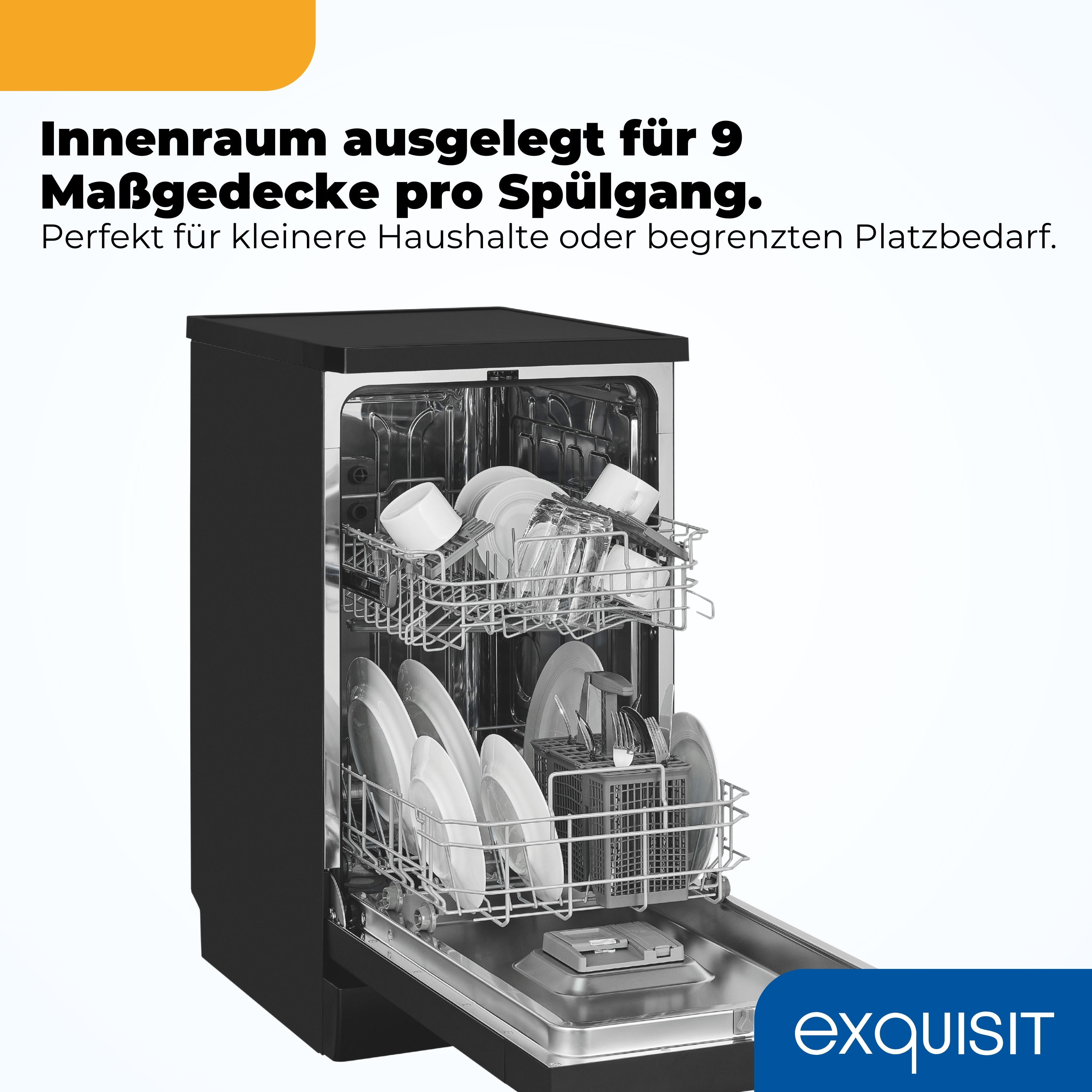 Ein offener, schwarzer Geschirrspüler mit gefüllten Körben, Tellern und Gläsern.