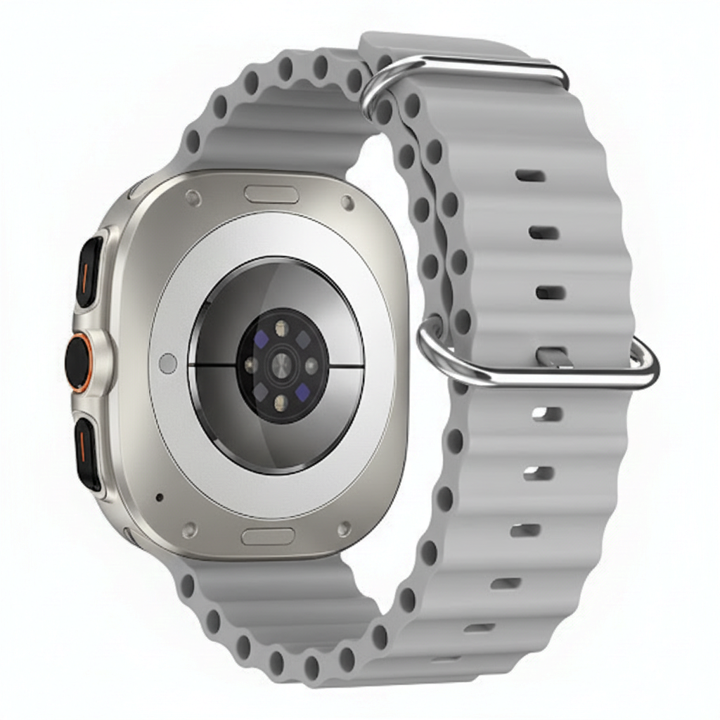Rückseite einer Smartwatch mit grauem Armband und Herzfrequenzsensor.
