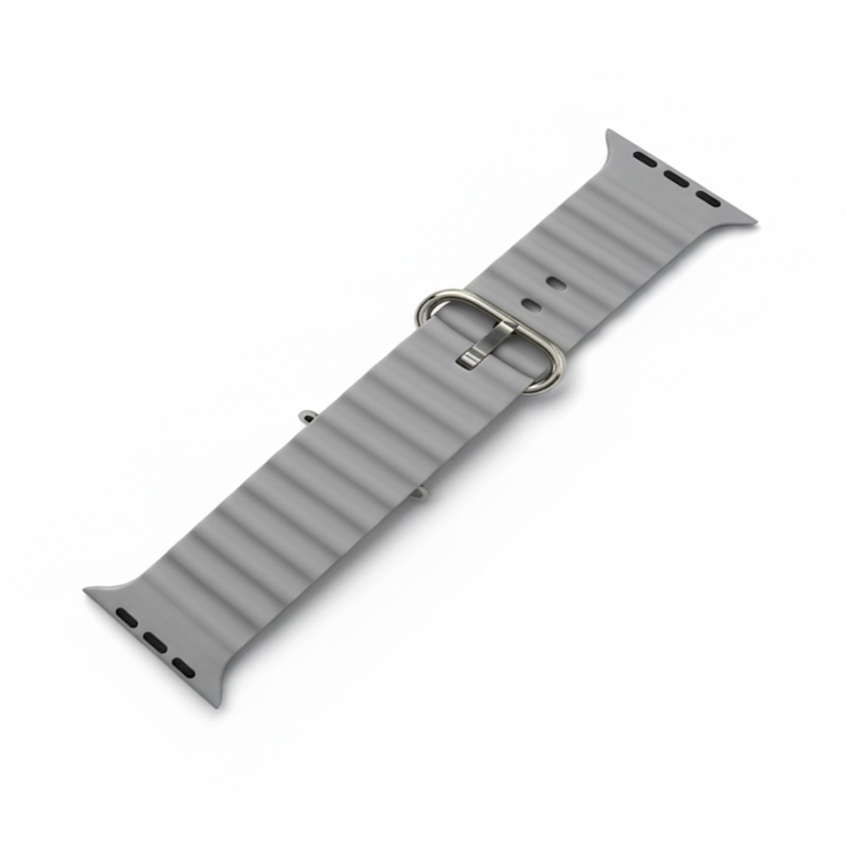 Graues, geripptes Uhrenarmband mit Metallschnalle und Anschlüssen.