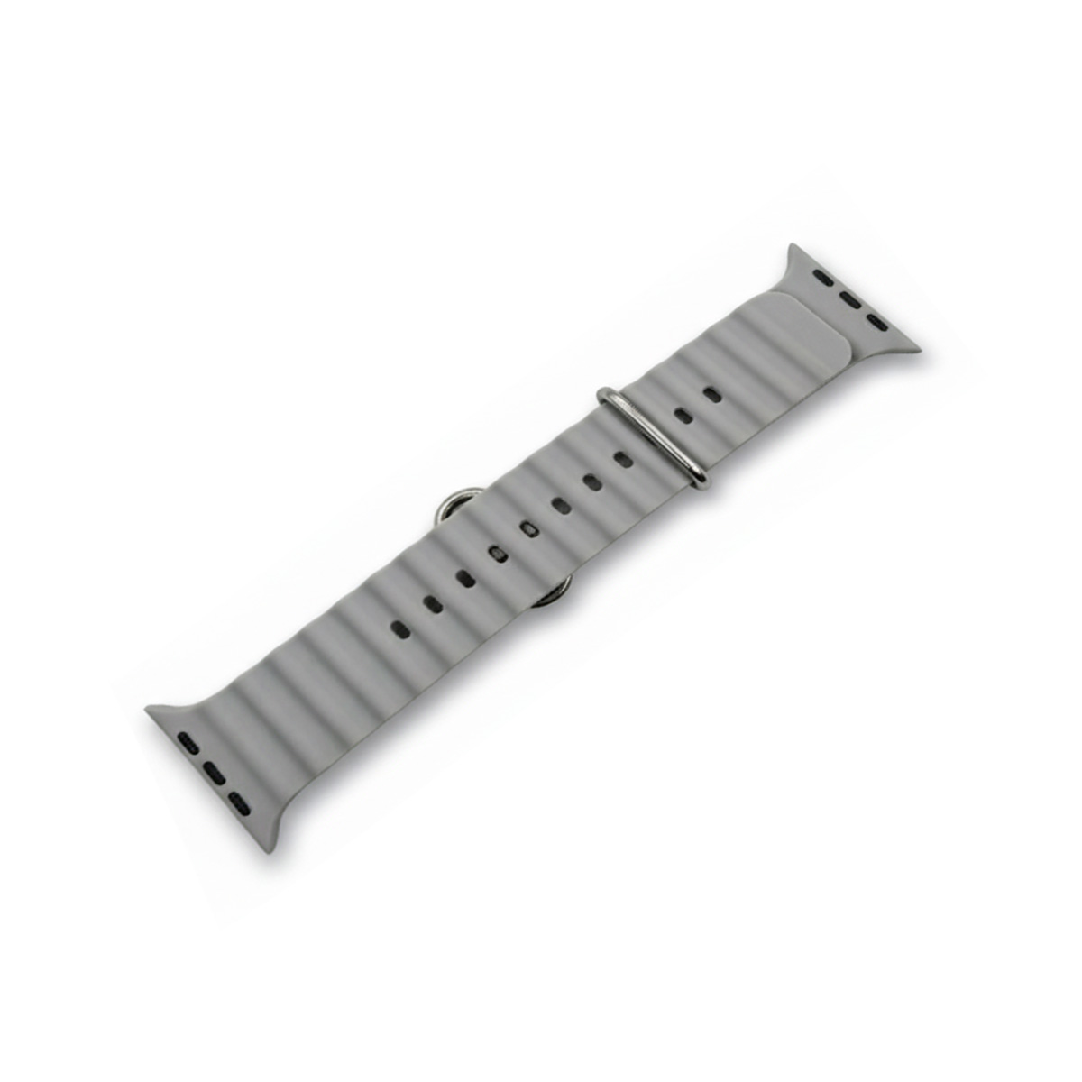 Graues, geripptes Uhrenarmband aus Silikon mit Metallschnalle.