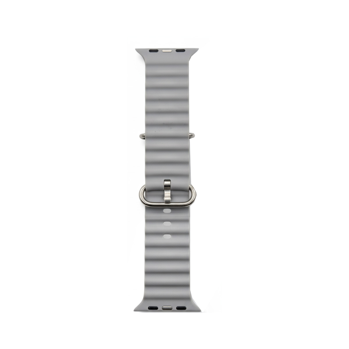 Graues, gerippeltes Uhrenarmband aus Gummi mit Metallschnalle.