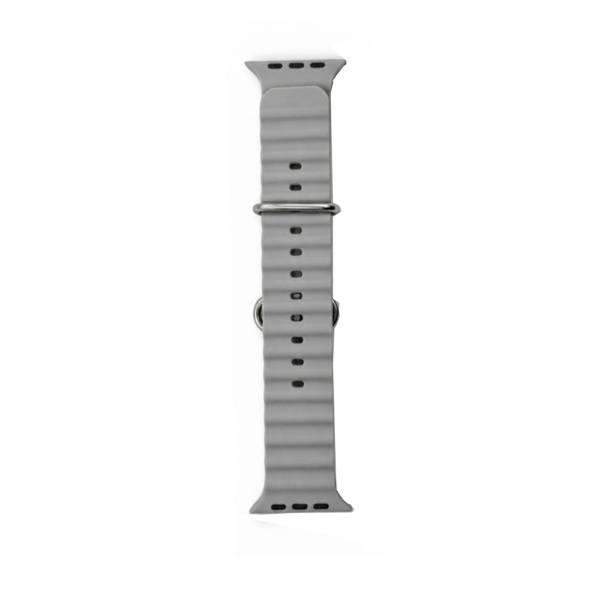 Graues, geripptes Uhrenarmband mit silberner Schnalle.