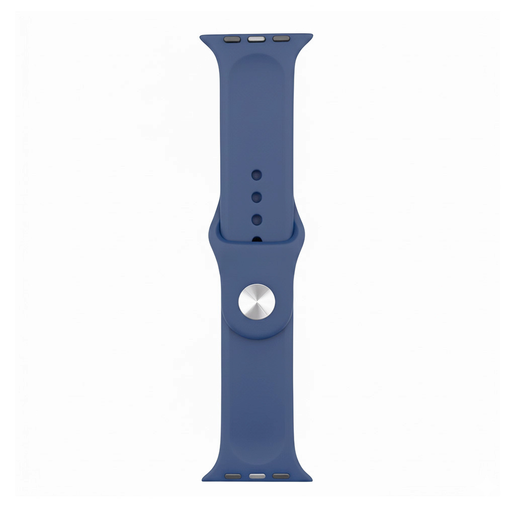 Ein blauer Uhrenarmband mit silberner Schnalle und Lünetten. Detailansicht.