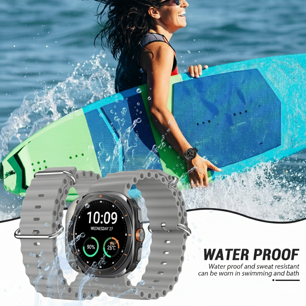 Eine Frau mit Surfbrett im Wasser, eine graue Smartwatch im Vordergrund.