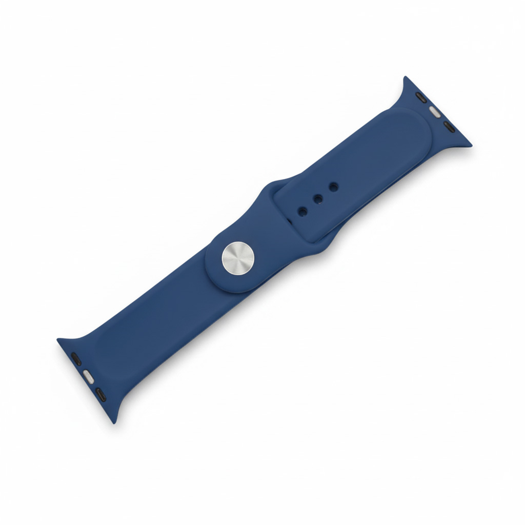 Ein dunkelblauer Uhrenarmband mit silbernem Knopf und Löchern.