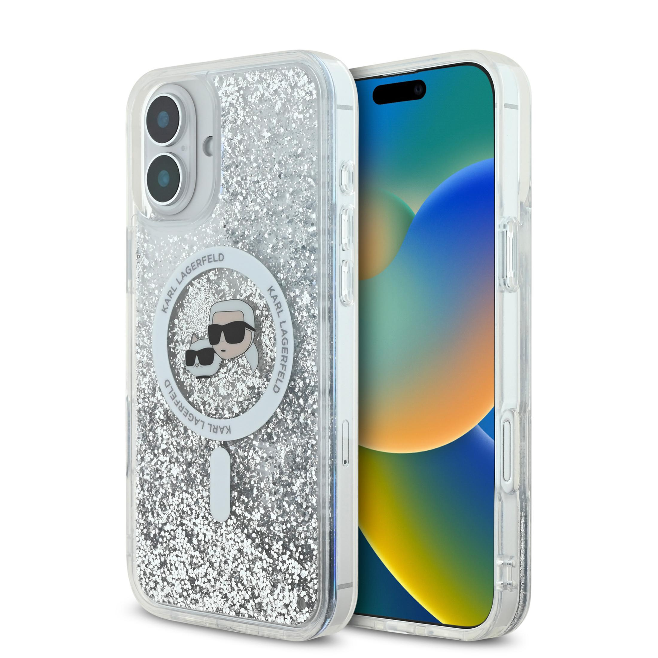 Una cover argentata glitterata con motivo Karl Lagerfeld accanto a uno smartphone.