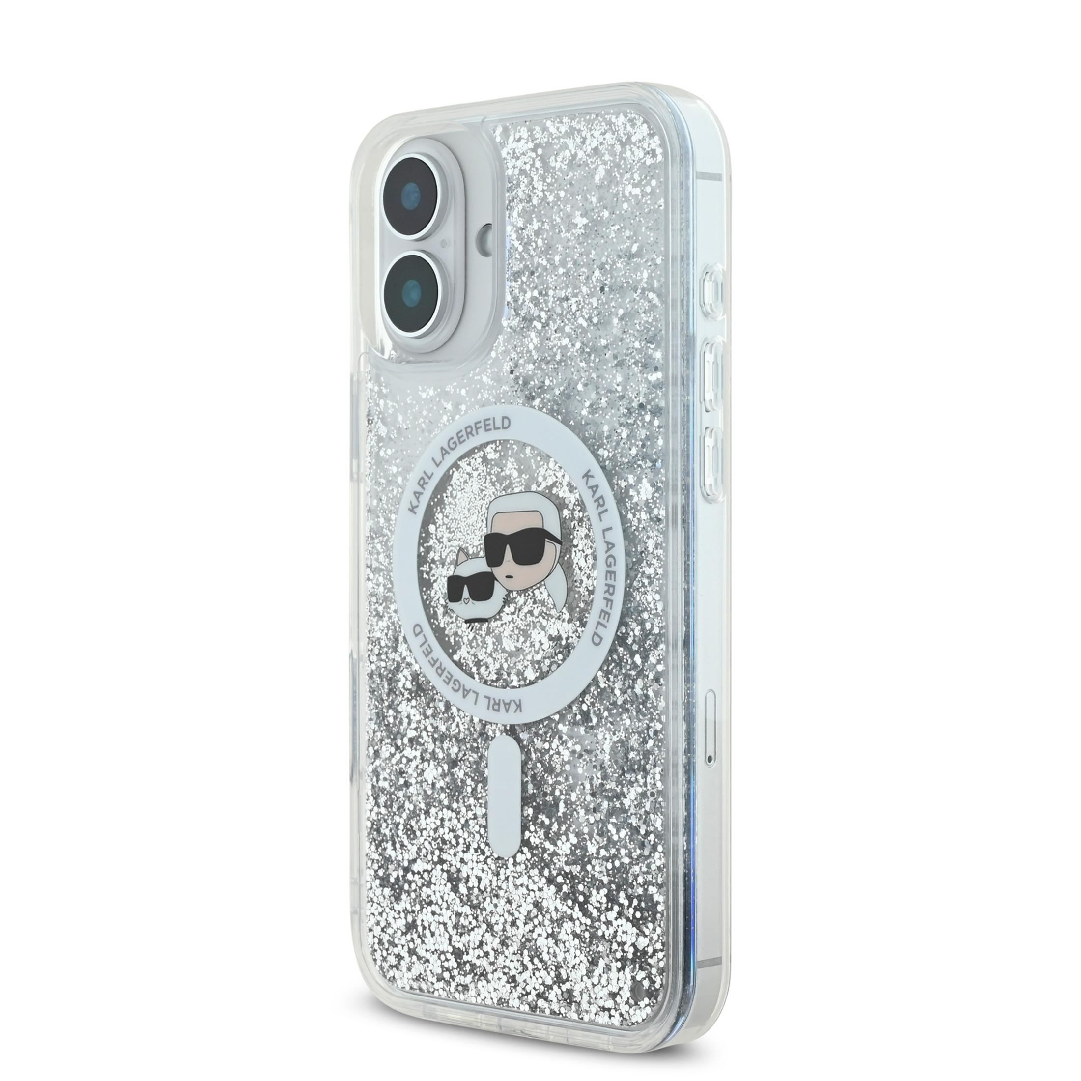 Custodia trasparente per telefono con glitter argento e motivo Karl Lagerfeld.