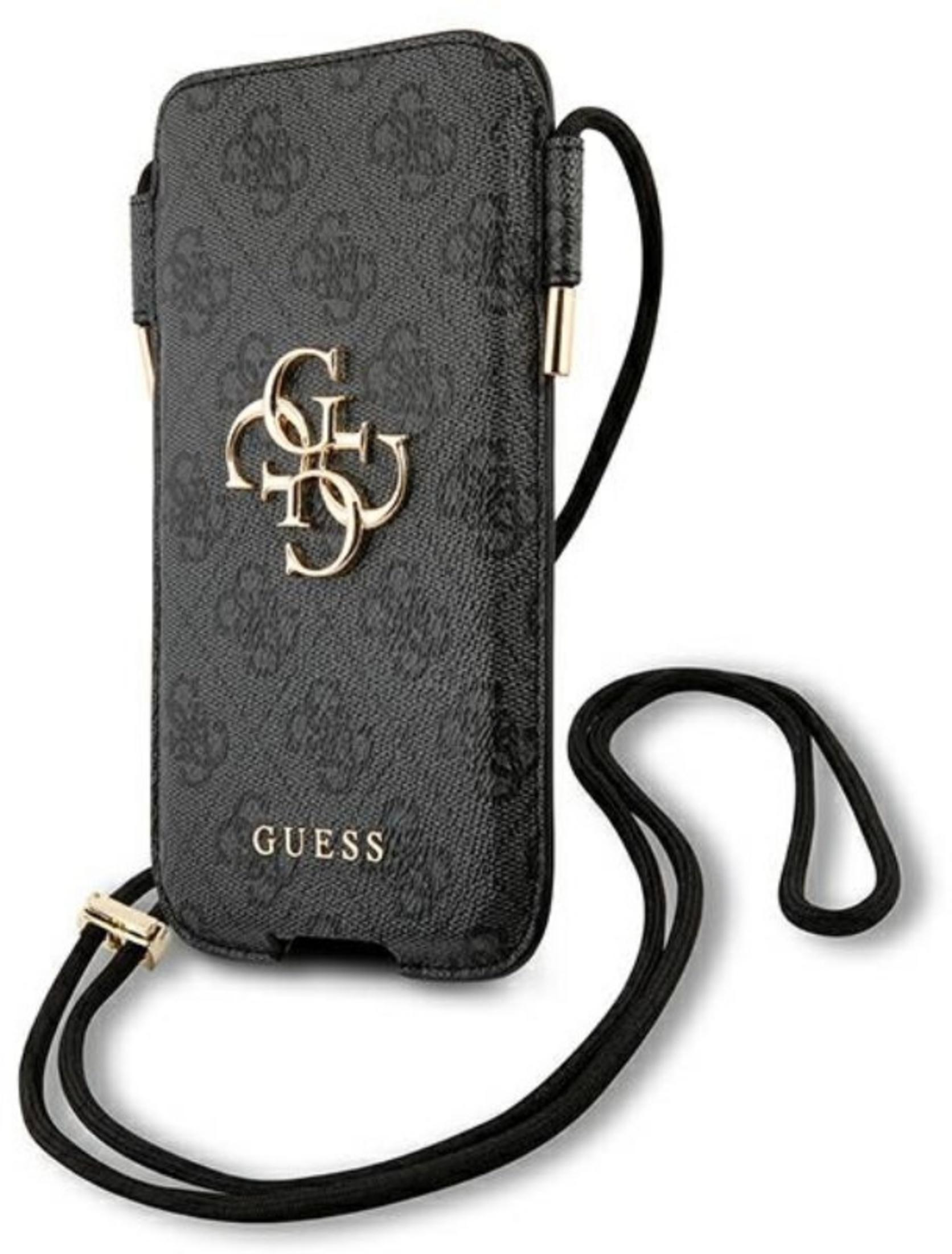 Custodia nera per telefono con logo Guess e laccetto.