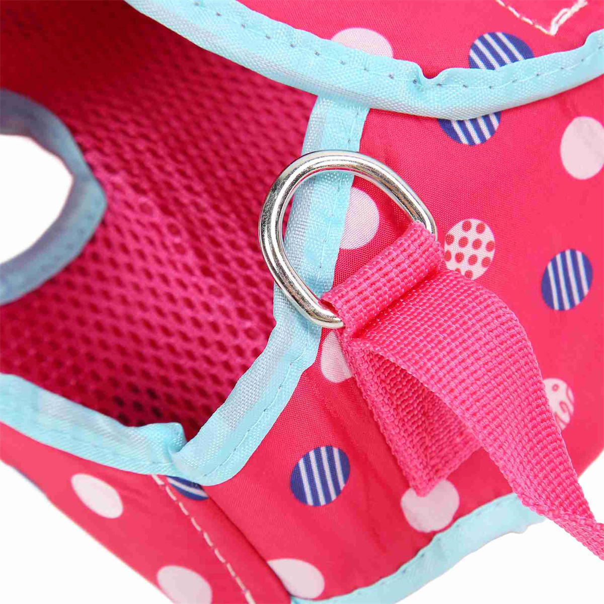 Ein enges Detailbild eines Hundegeschirrs mit rosa Stoff, weißen und blauen Tupfen und einem silbernen Ring.