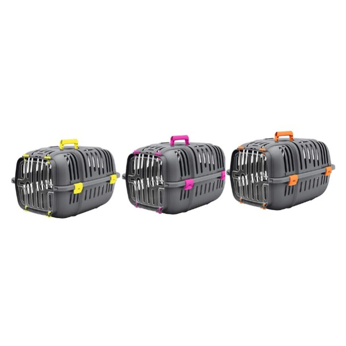 Drei graue Transportboxen für Haustiere mit gelben, pinken und orangen Griffen.