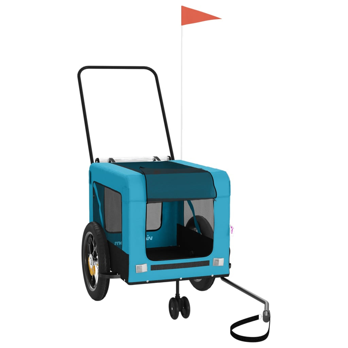Ein blauer Fahrradanhänger für Haustiere mit einem orangefarbenen Wimpel.