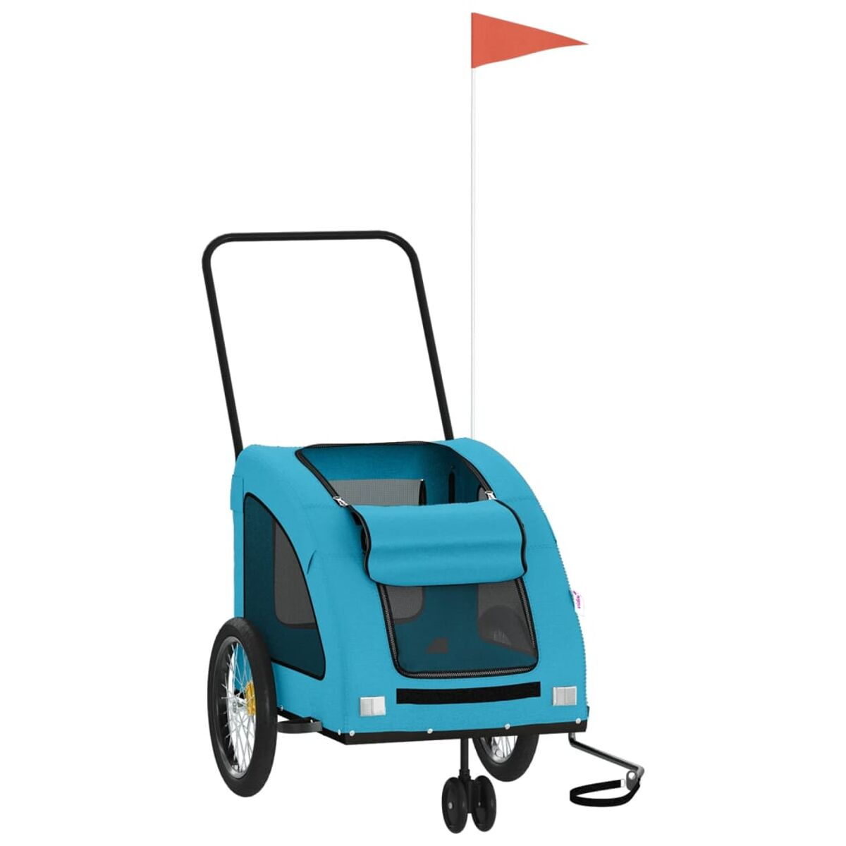 Ein blauer Hundeanhänger mit zwei Rädern, Griff und orangefarbener Flagge.