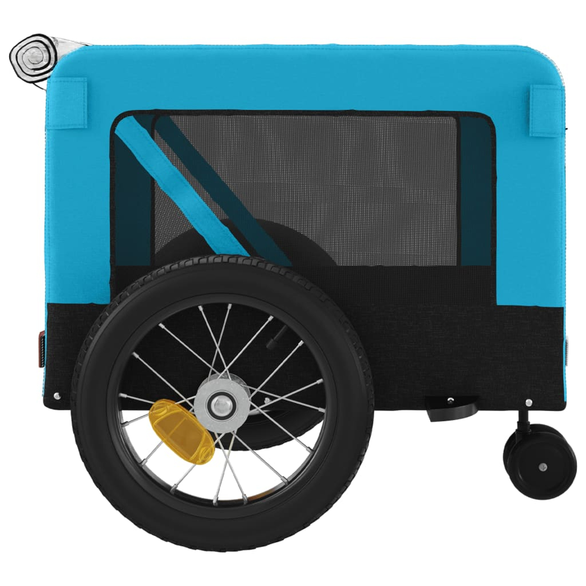 Ein blauer Kinderwagen mit großem Rad und kleinerem Stützrad.