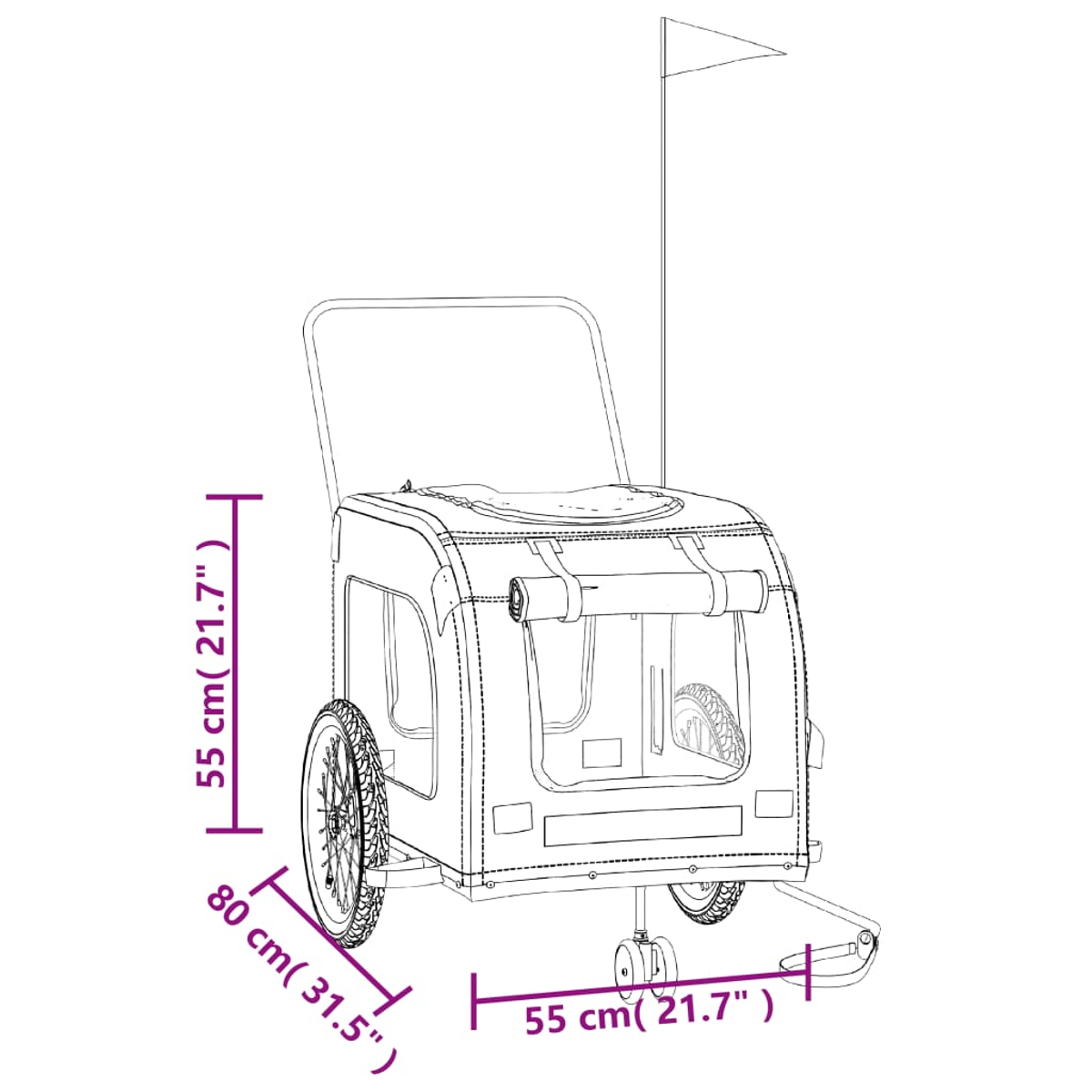 Eine schematische Zeichnung eines Fahrradanhängers mit Maßen.