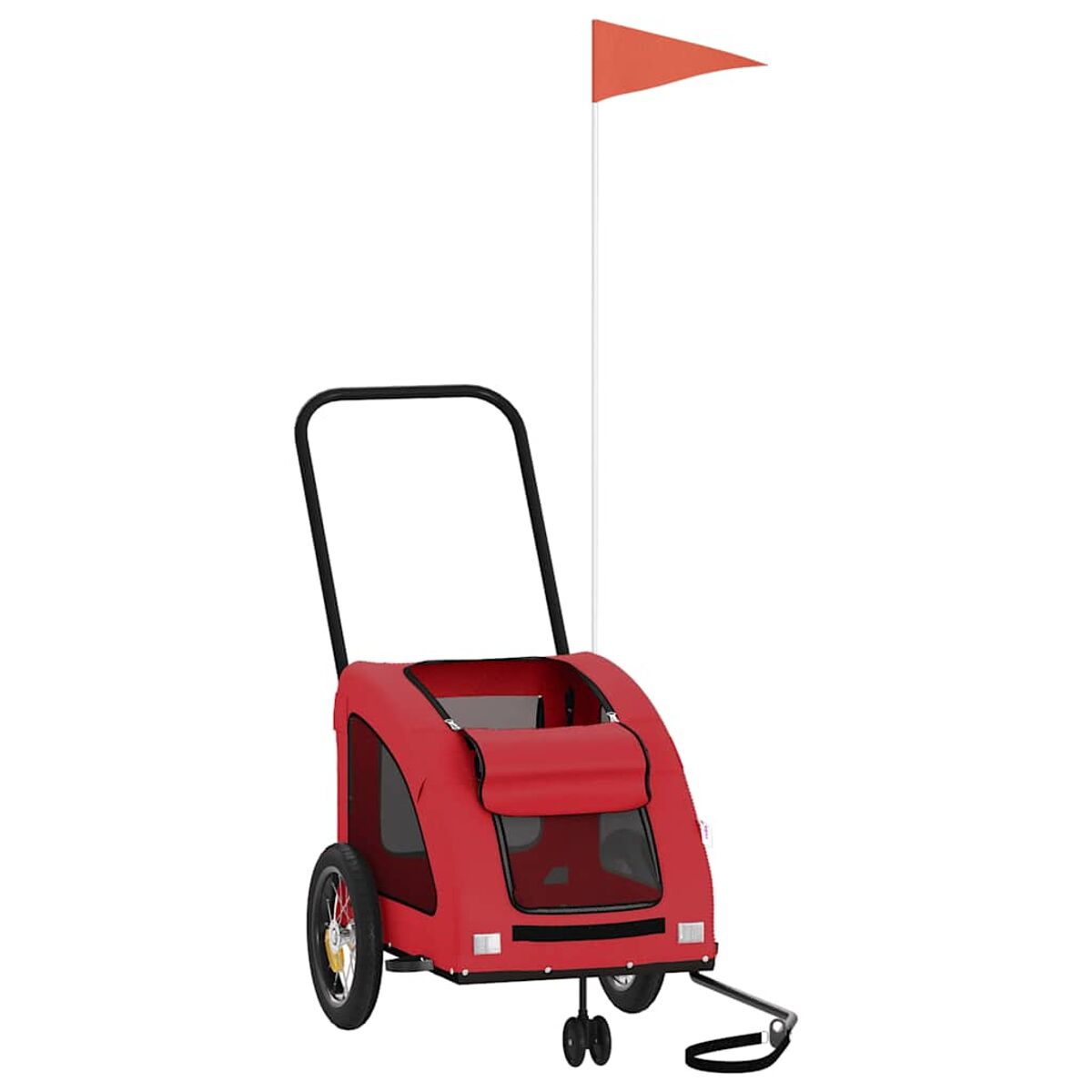 Ein roter Fahrradanhänger für Haustiere mit einem orangefarbenen Wimpel auf einem weißen Mast.