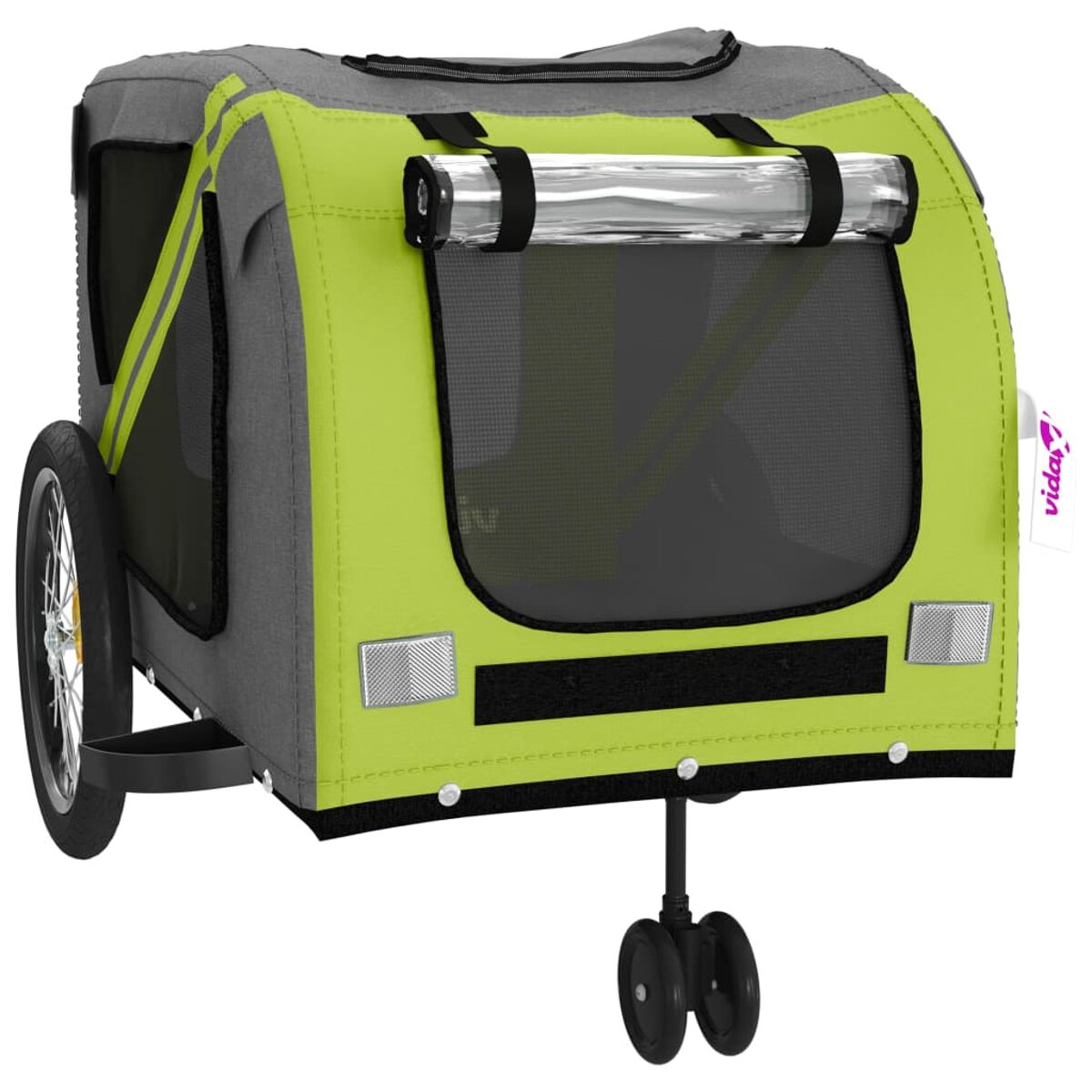 Ein limegrüner und grauer Kinderwagenanhänger mit Netzfenstern und Reflektoren.