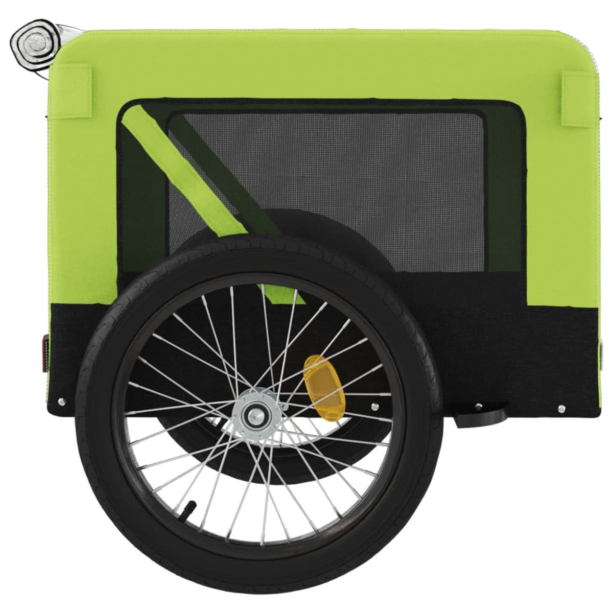 Ein leuchtend grüner Fahrradanhänger mit einem schwarzen Rad und Reflektor.