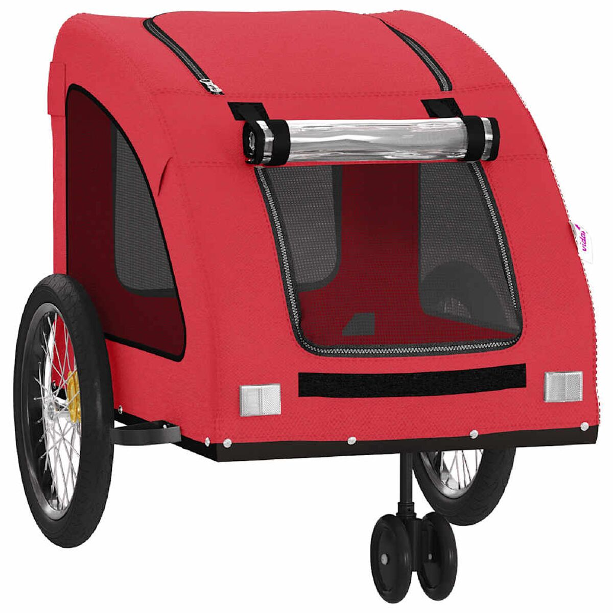 Roter Kinderwagenanhänger mit Netzfenstern und zwei Rädern.