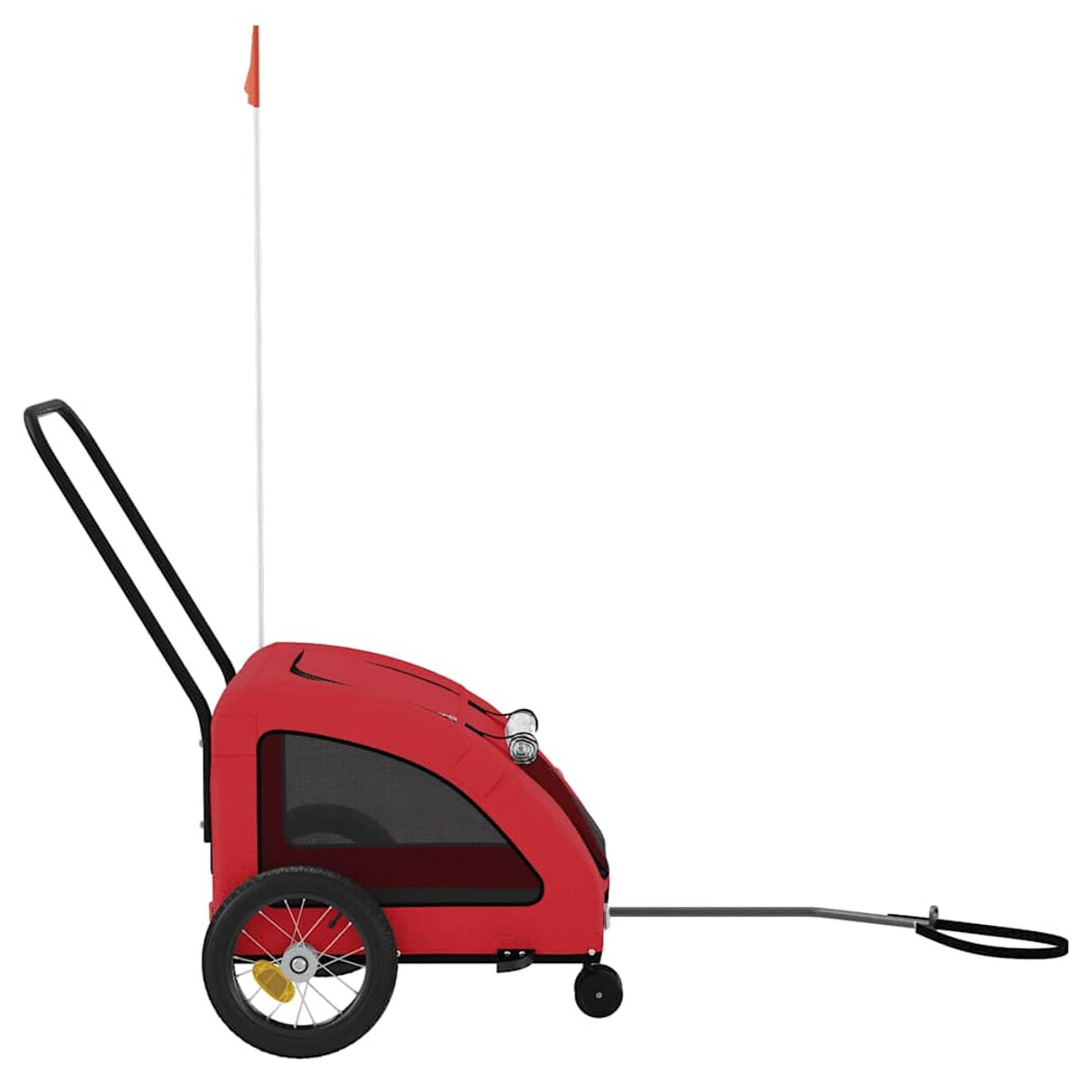 Roter Hundeanhänger mit großem Rad, Griff, Fahne und Verbindungsstange.