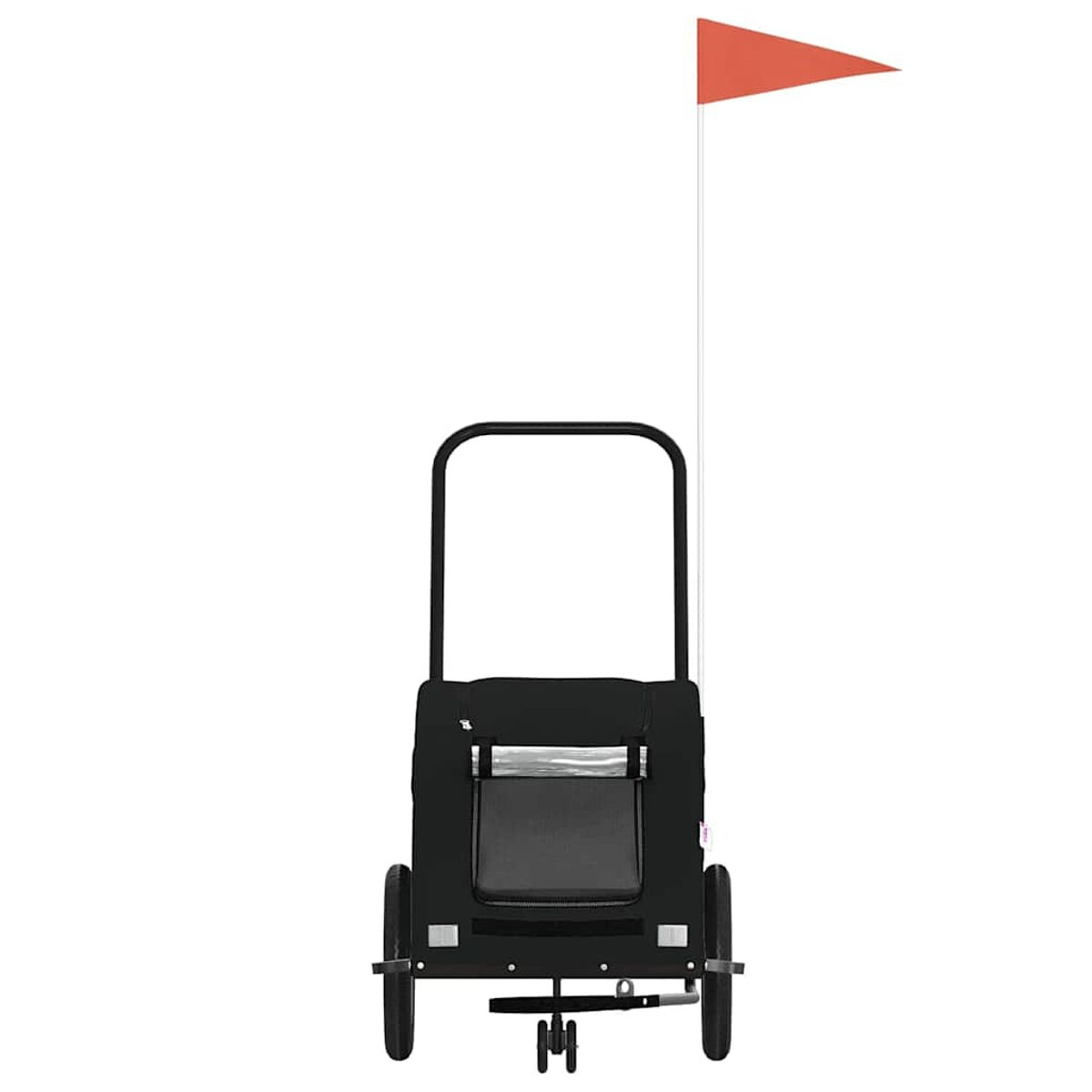 Ein schwarzer Anhänger mit zwei Rädern und einer orangefarbenen Fahne auf einem Mast.