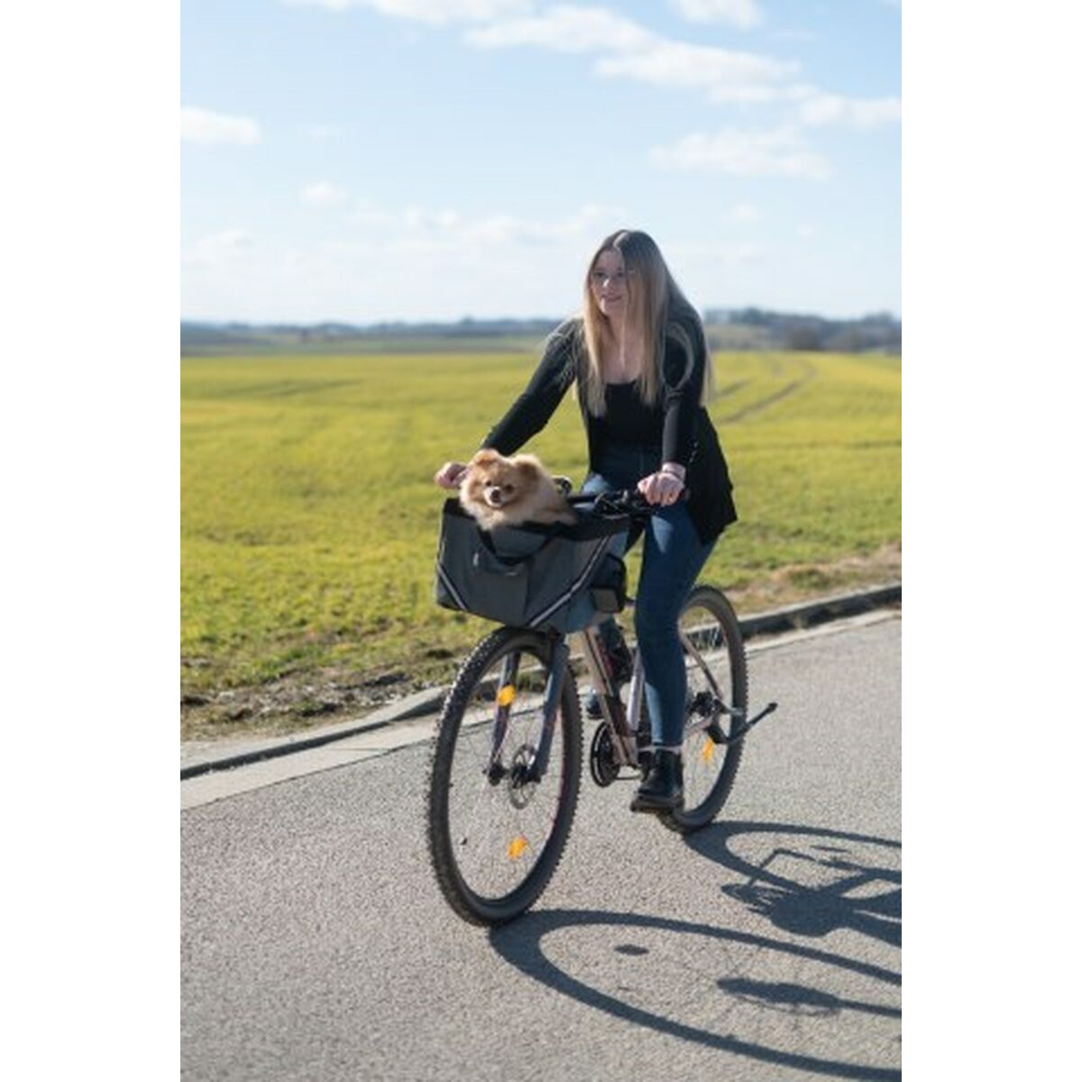 Frau fährt Fahrrad mit Hund im Korb auf einem Feldweg.