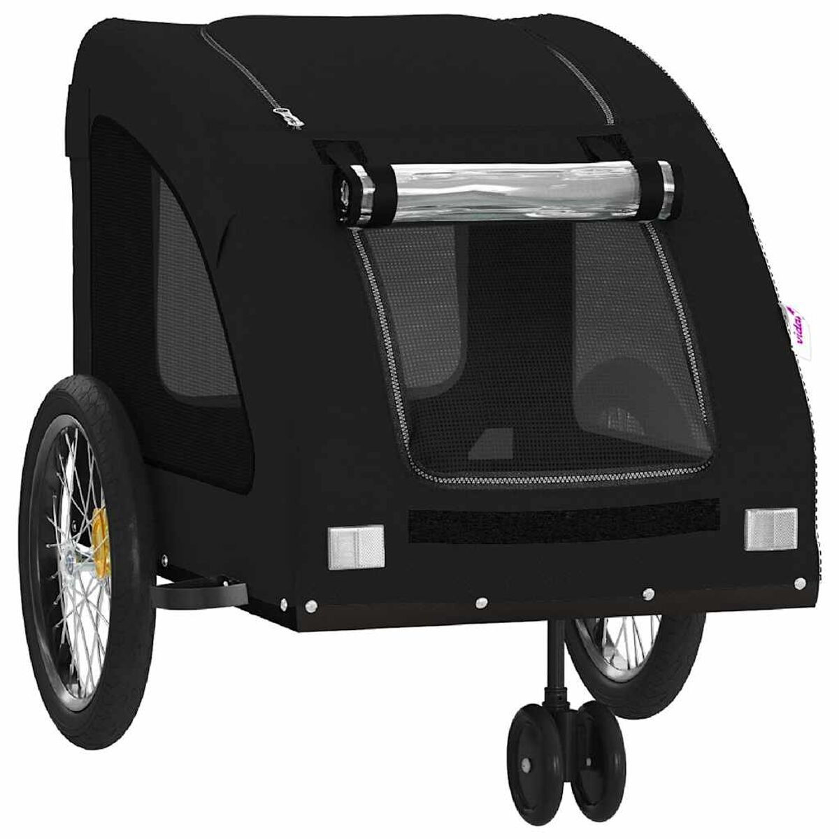 Schwarzer Kinderwagen-Anhänger mit Netzfenstern und einem transparenten Griff.