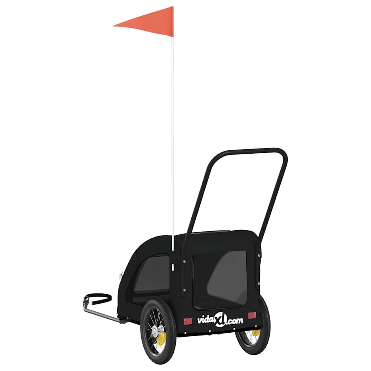 Ein schwarzer Fahrradanhänger mit roter Flagge, zwei Rädern und einem Griff.